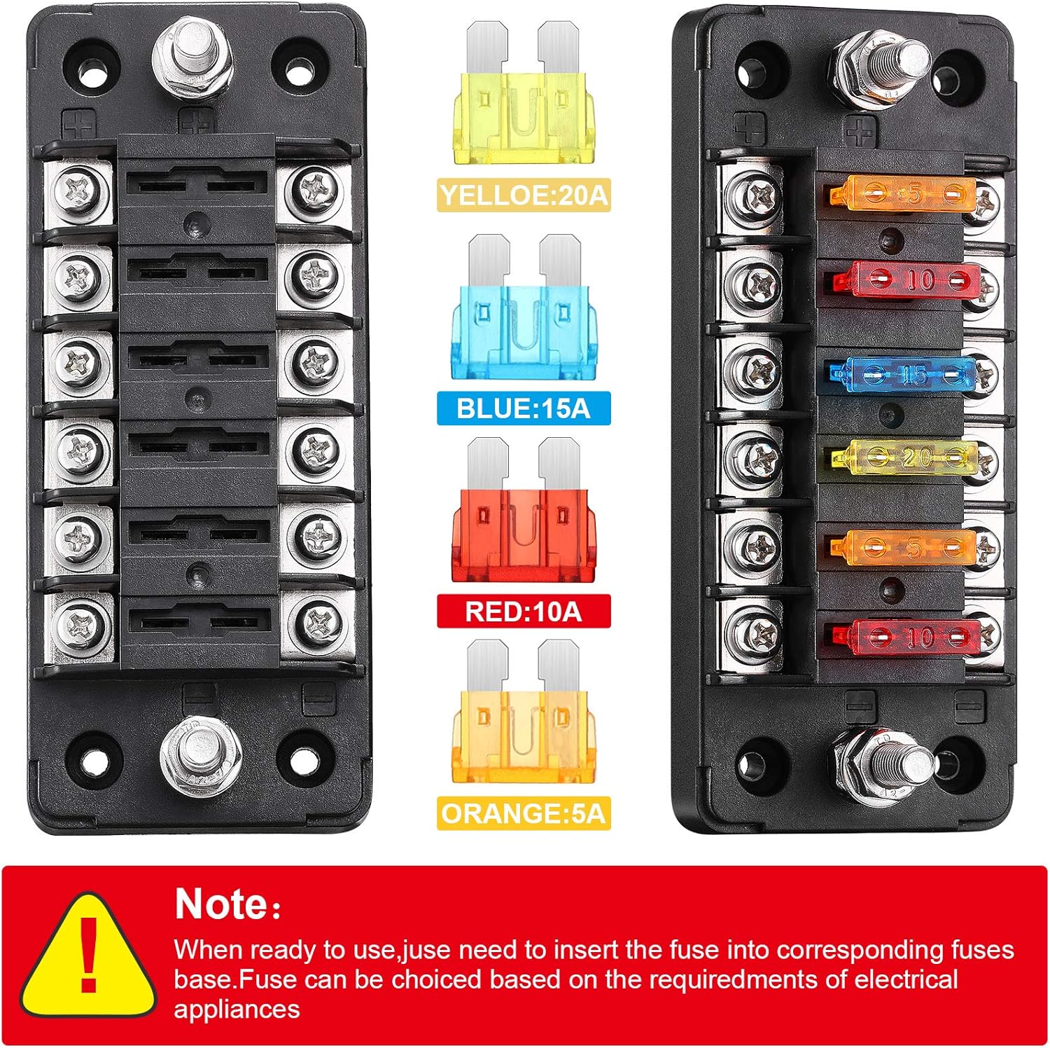 6-Way Automotive Fuse Box Holder 6 Circuit Fuse Holder, 24 Pieces 5A 10A 15A 20A Fuses, 16 Pieces Wire Lugs Rings U Shaped Terminal Connectors, 2 Sets Label Stickers, 4 Pieces Screws for Car Boat : Automotive