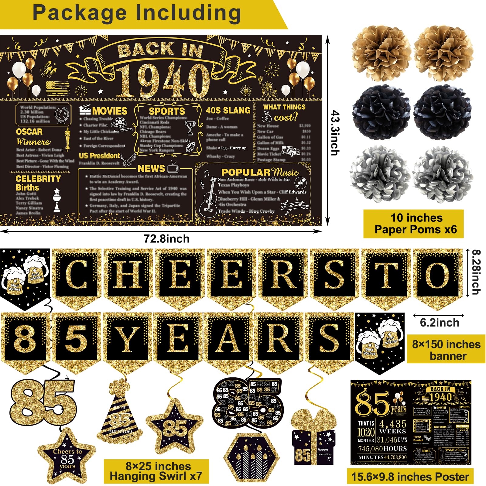 85. Geburtstag Dekoration Set – 16 Teile Mit Banner, Wirbeln & Poms Im Vintage-1939-Look