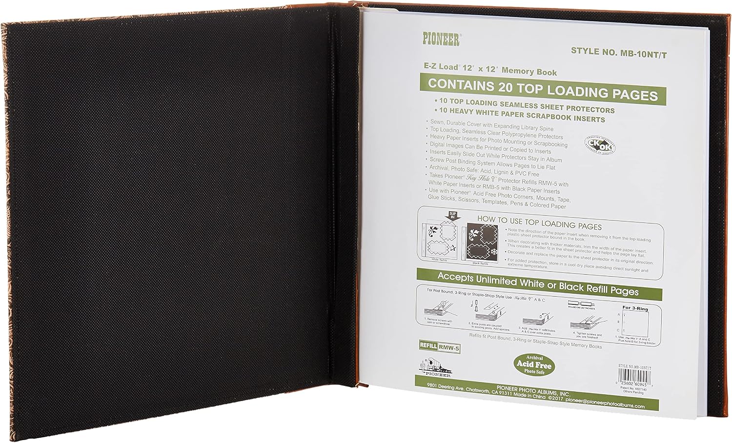 Pioneer 12 Inch by 12 Inch Postbound Embossed Sewn Leatherette Cover Memory Book, Tan