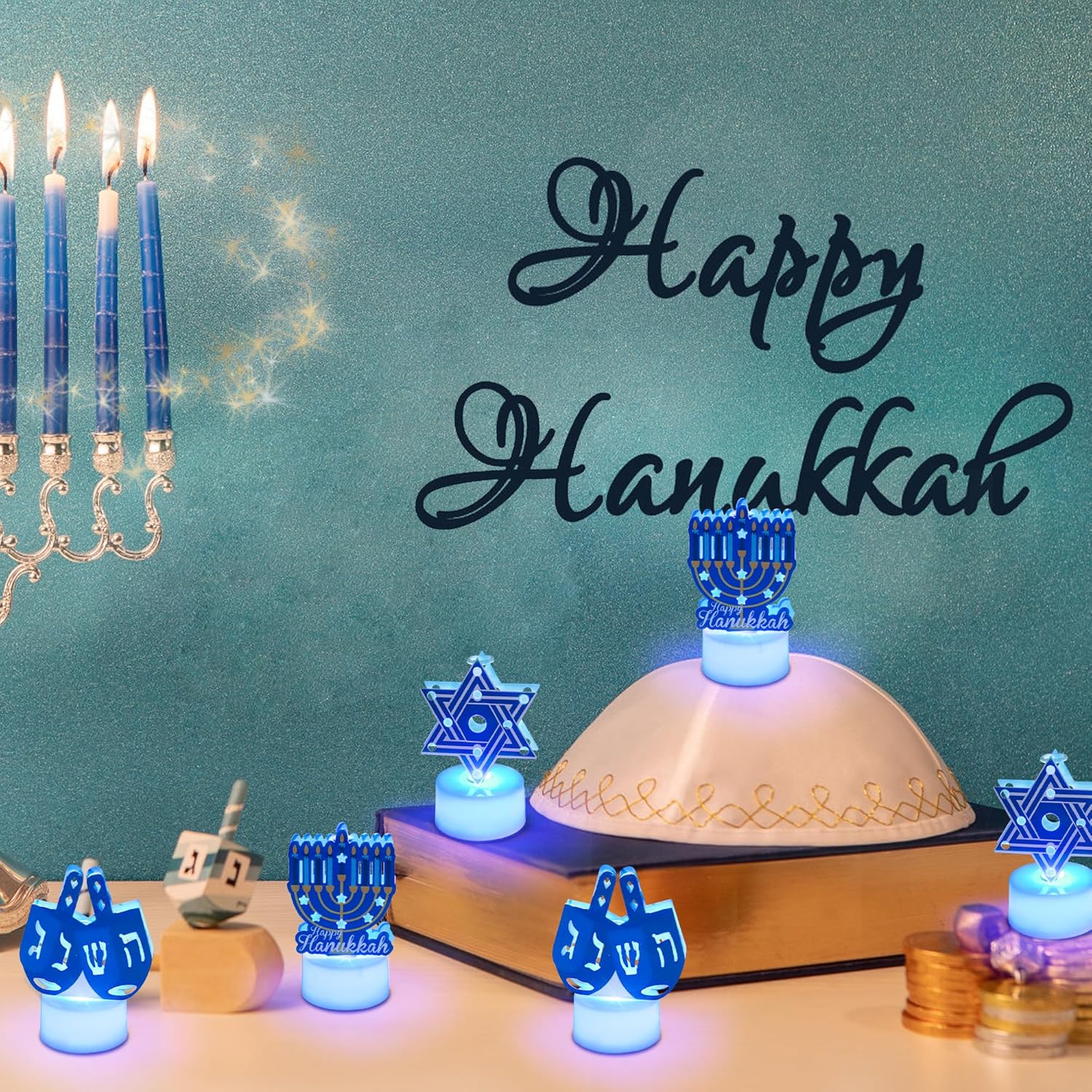 6 PCS Hanukkah Tea Lights Candles Battery Operated LED Flameless Tealight Candles, Blue Star of David Menorah Dreidel Hanukkah Decorations Centerpieces for Home Kitchen Party Decor