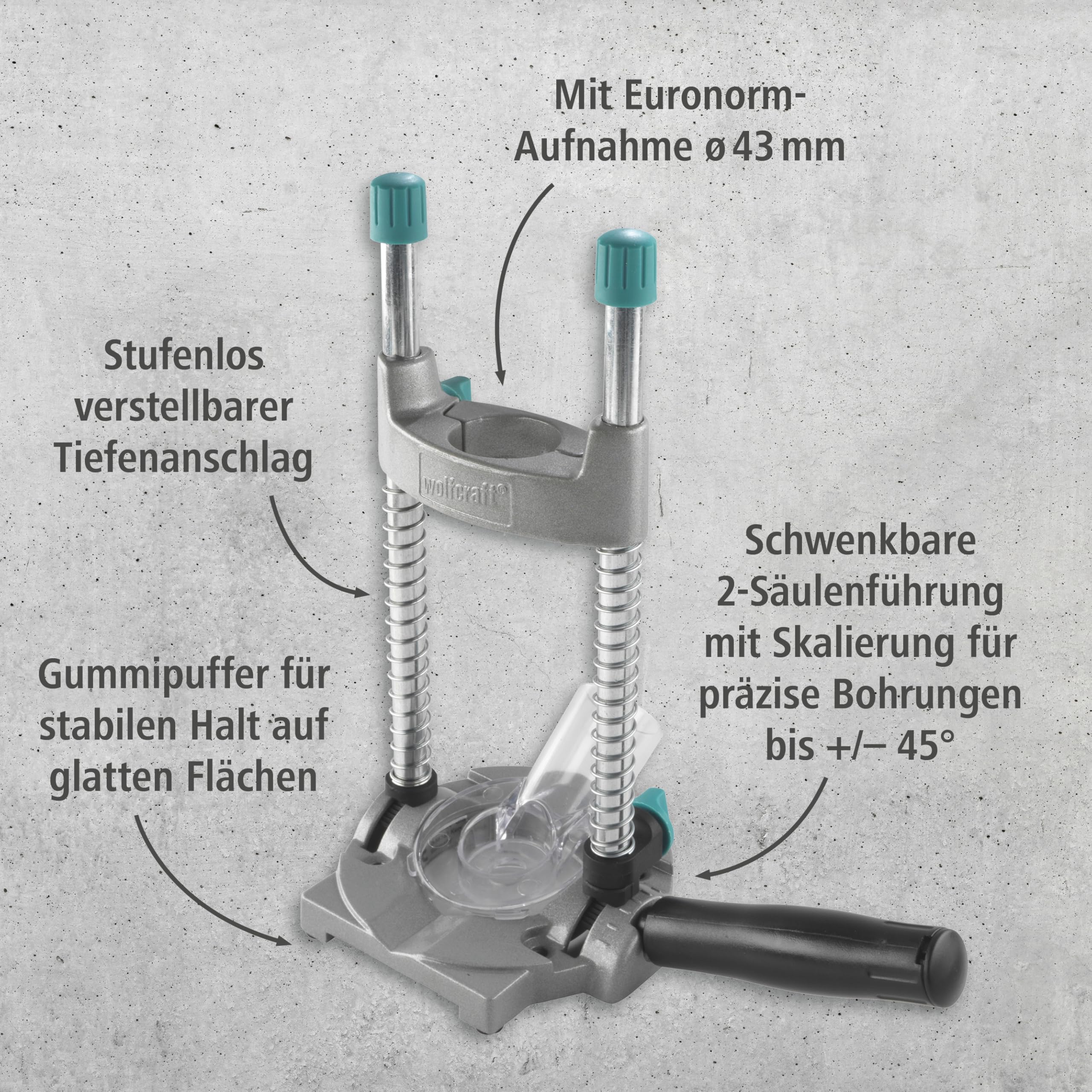 wolfcraft Tecmobil Mobiler Bohrständer - Bohrhilfe für Bohrmaschine Ø 43 mm | Schwenkbare 2-Säulenführung, verstellbarer Tiefenanschlag, V-Nut für Rundmaterial und Anschluss zur Staubabsaugung - 4522000
