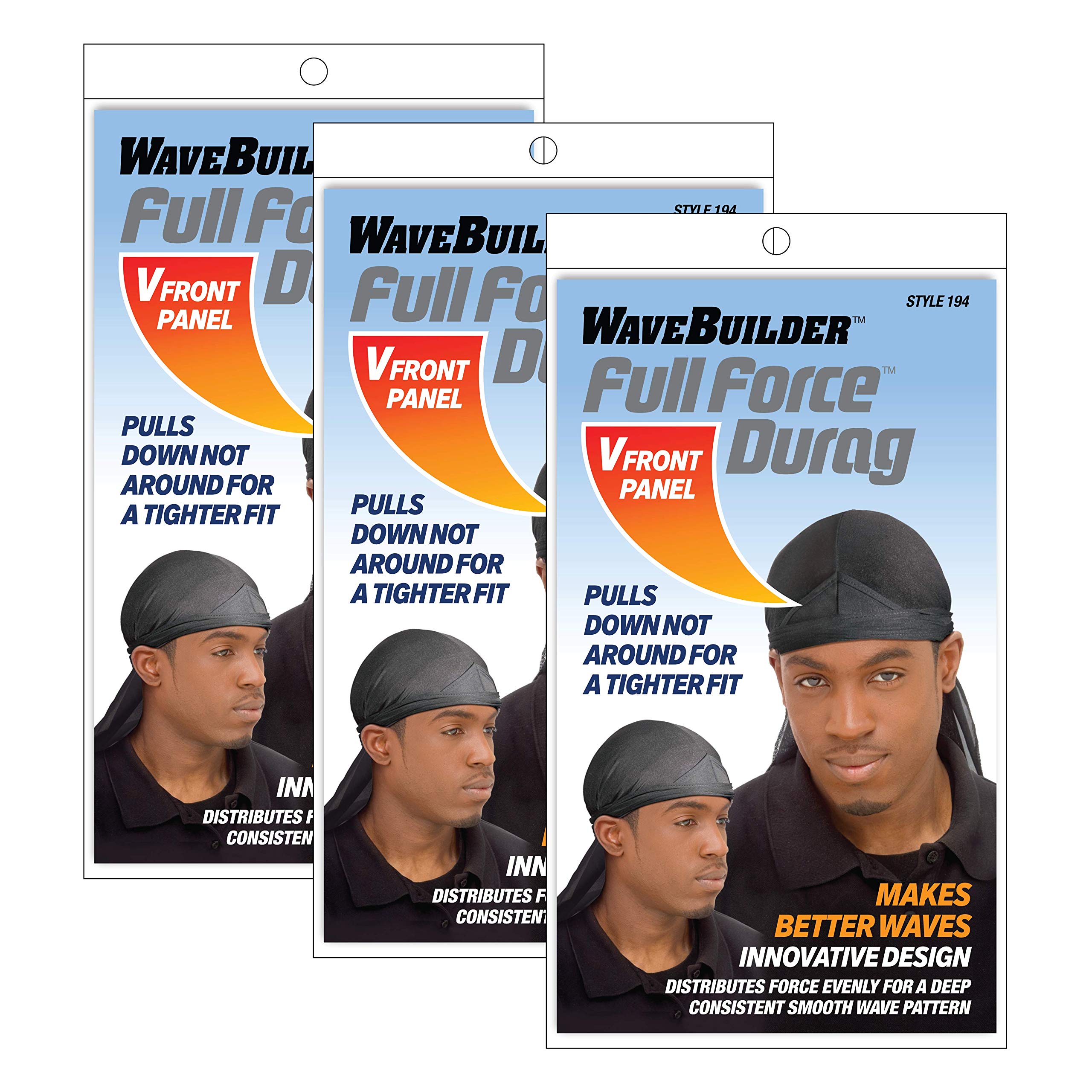 Full Force V-Front Durag, Black, 3-Pack