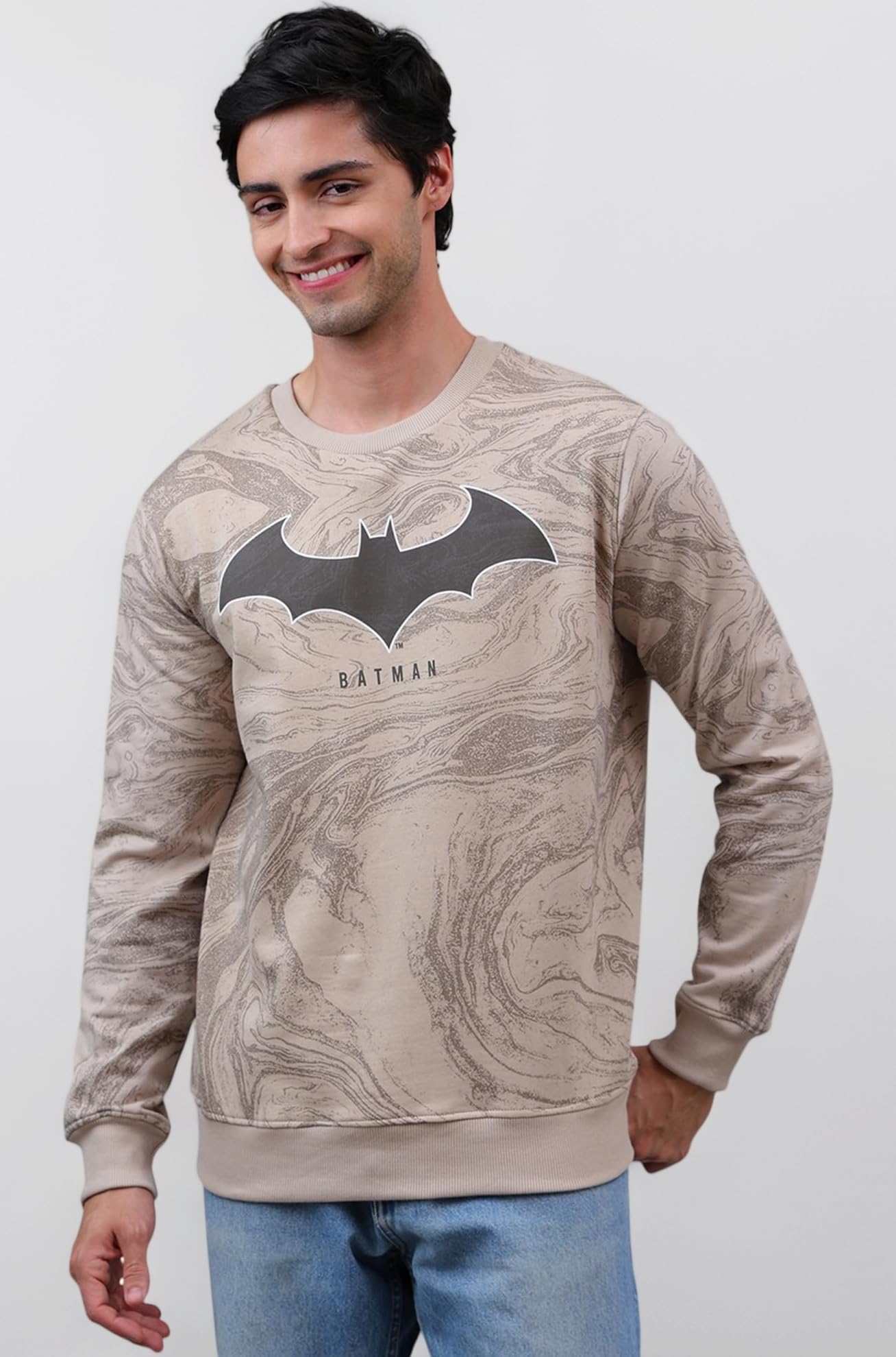 Official DC Comic Batman Graphic Printed Regular Fit Beige Sweatshirt for Men