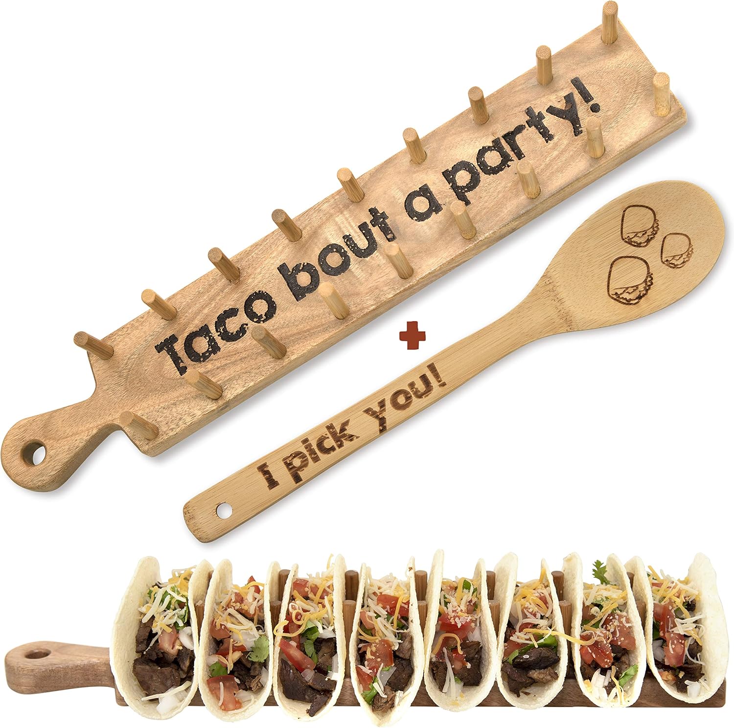 Wooden Taco Holder Tray Stand Rack Holds 8 Soft or Hard Shell Tacos