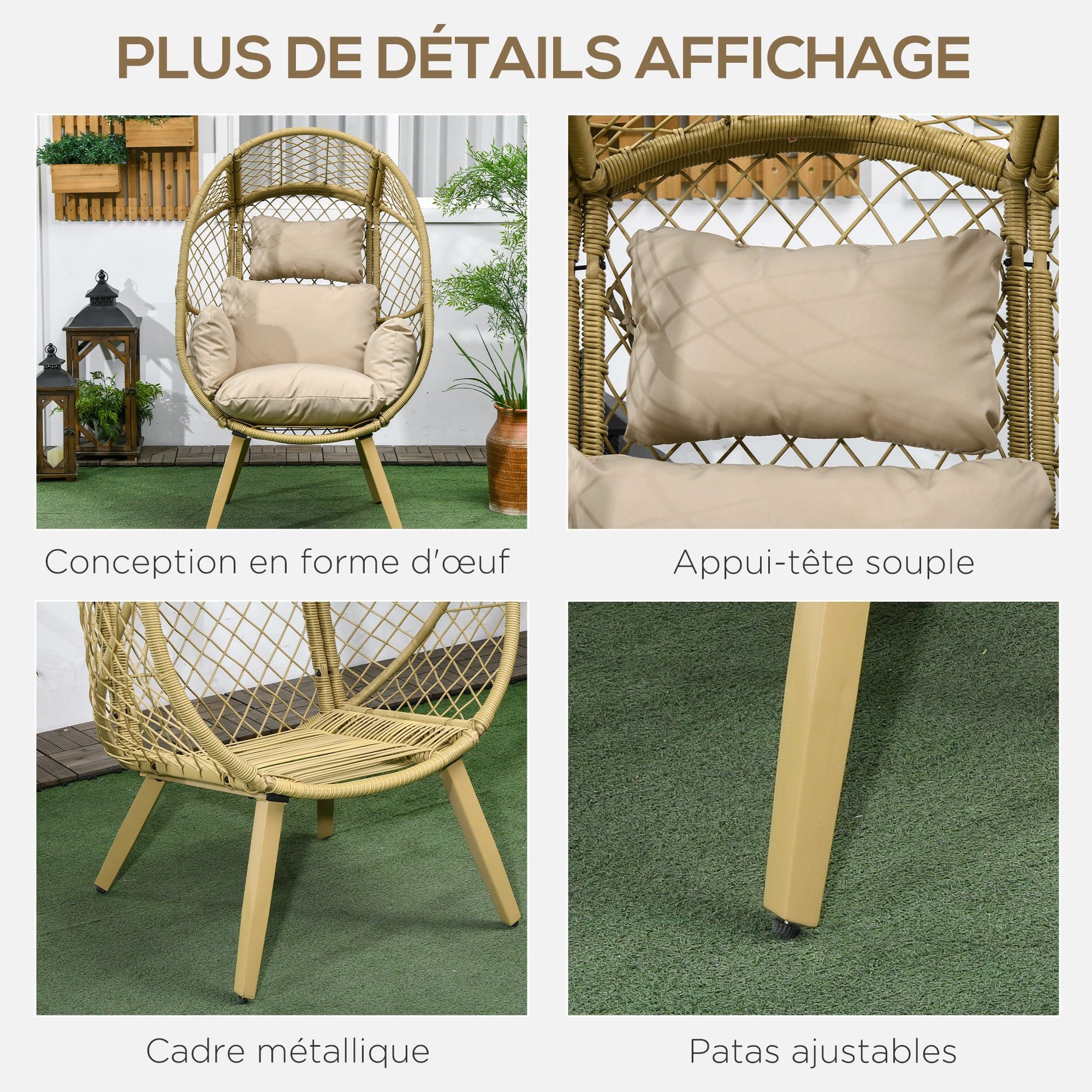 Outsunny Fauteuil œuf sur Pied en résine Effet rotin avec Coussins Polyester, Structure en métal, dim. 88x85x143 cm