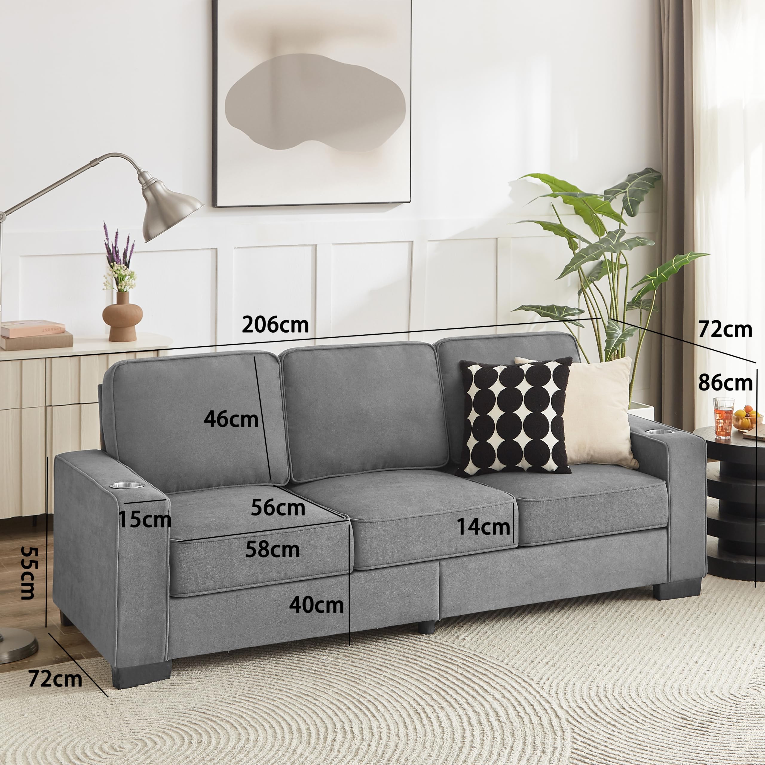 Sofa 3-osobowa, szara, tkanina sztruksowa, 206 cm, nowoczesna sofa