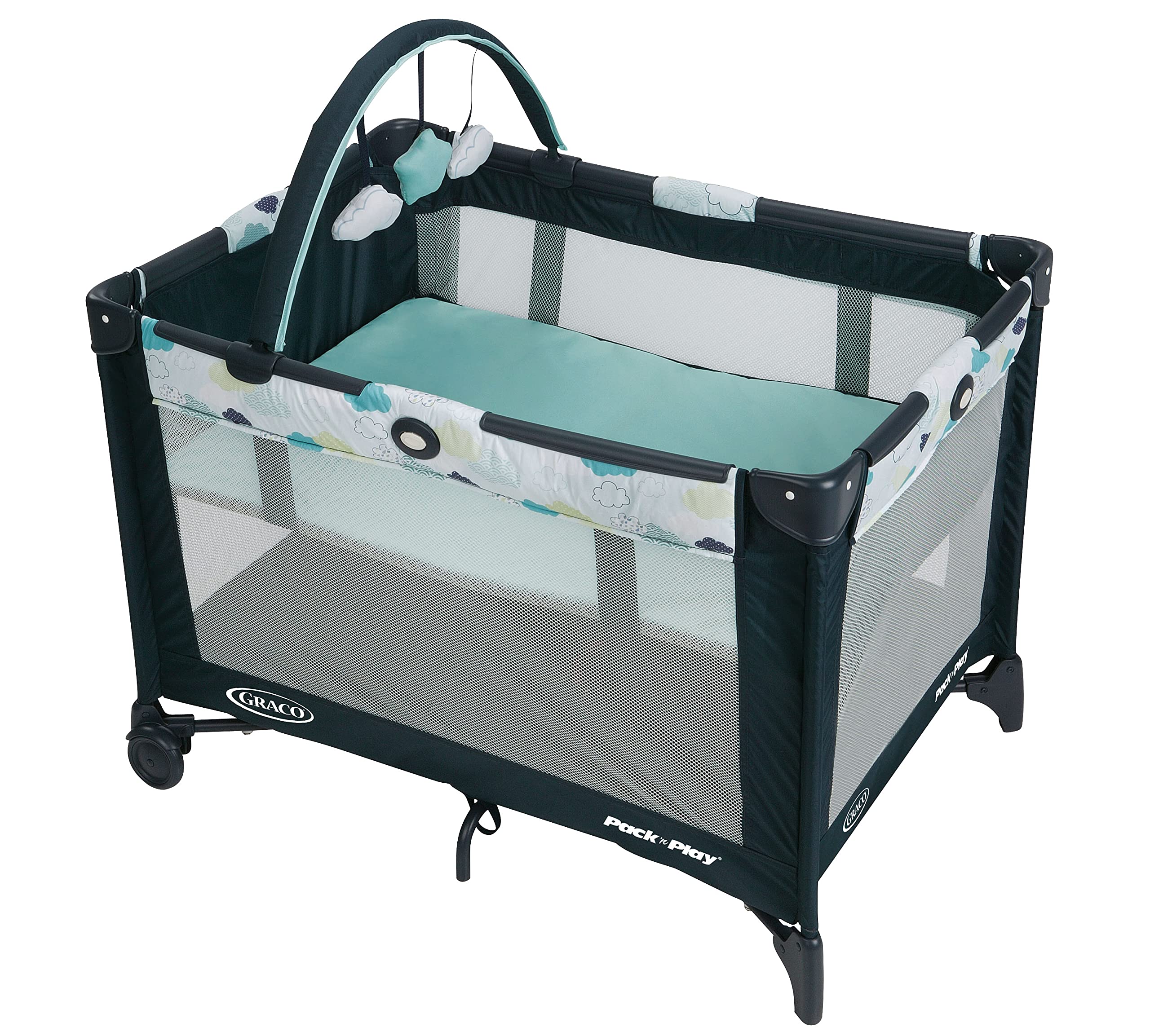 Graco Pack and Play On the Go Playard | Includes Full-Size Infant Bassinet, Push Button Compact Fold, Stratus , 39.5x28.25x29 Inch (Pack of 1)