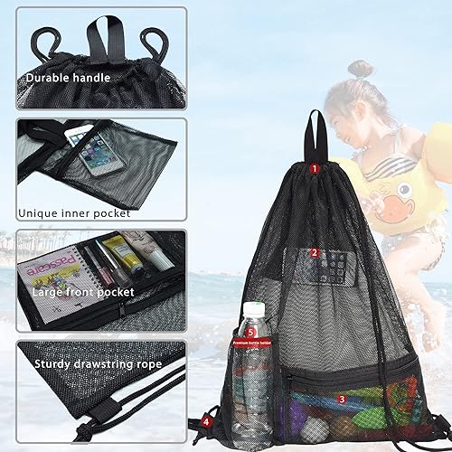 Miniatura 5 de Heavy Duty Drawstring Mesh Bag, Gym Backpack Sports String Bag with Bottle Holder for Balls, Swiming, Beach Toys