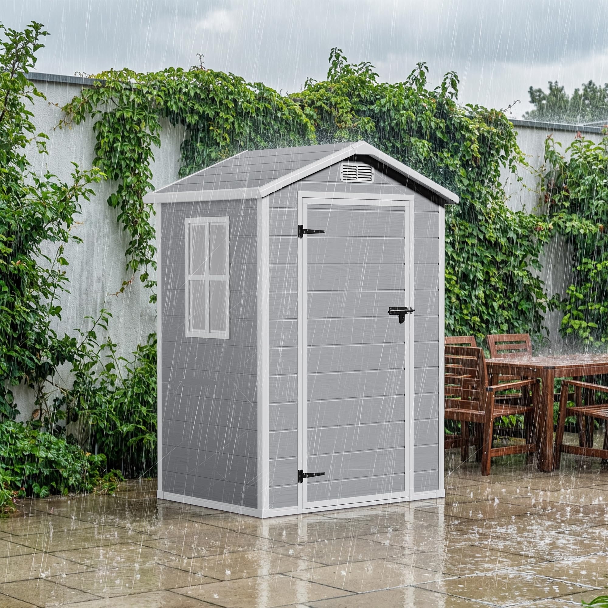 Casetta da Giardino in Resina 122x92x187 cm Capanno Porta Attrezzi con Finestra e Ventilazione Grigio