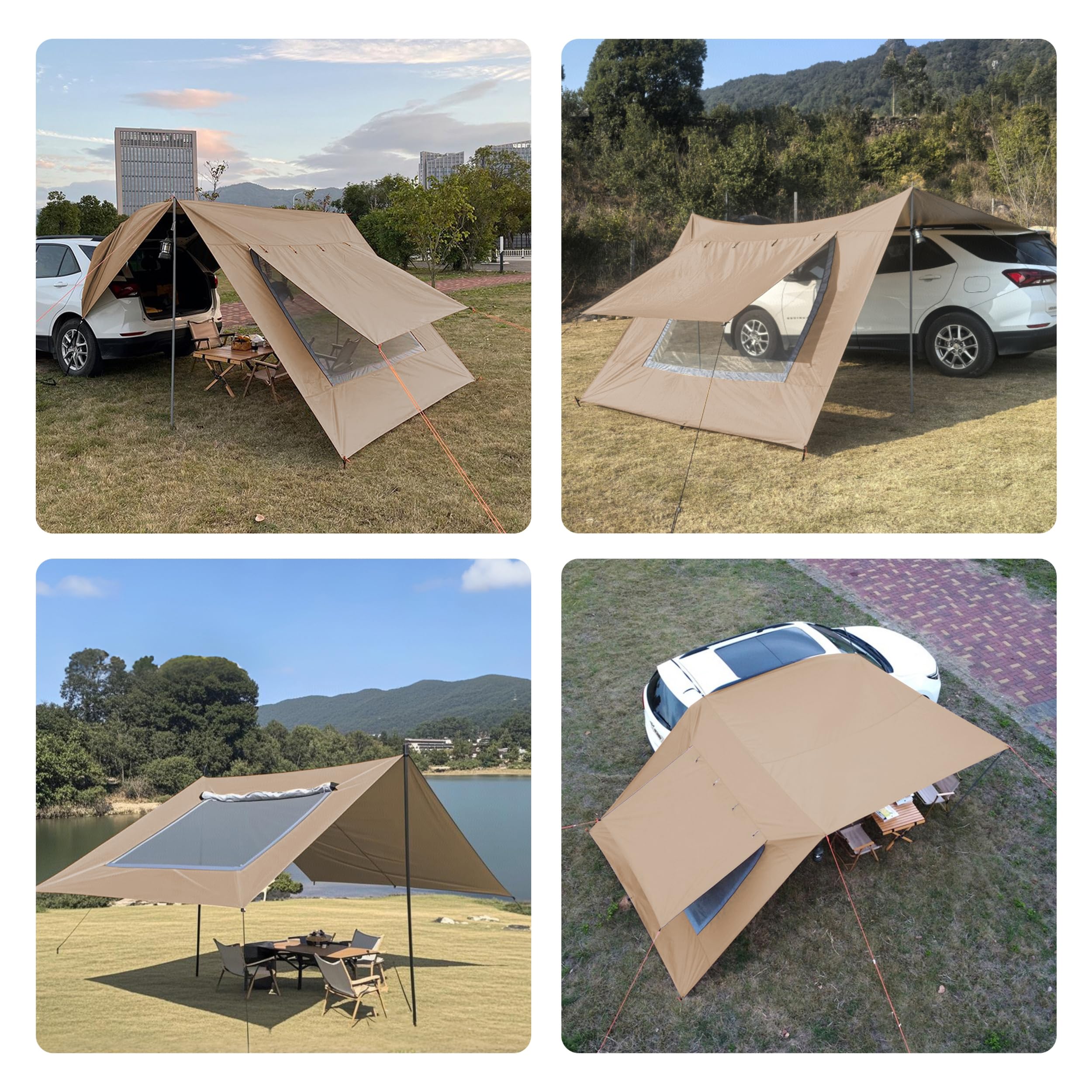 Auvent de Camping 3x5 pour Van Caravane Canopy Étanche et Anti-UV Abri de Hayon Abri Solaire Tarp de Camping avec Poteau (Brun, 3x5m)