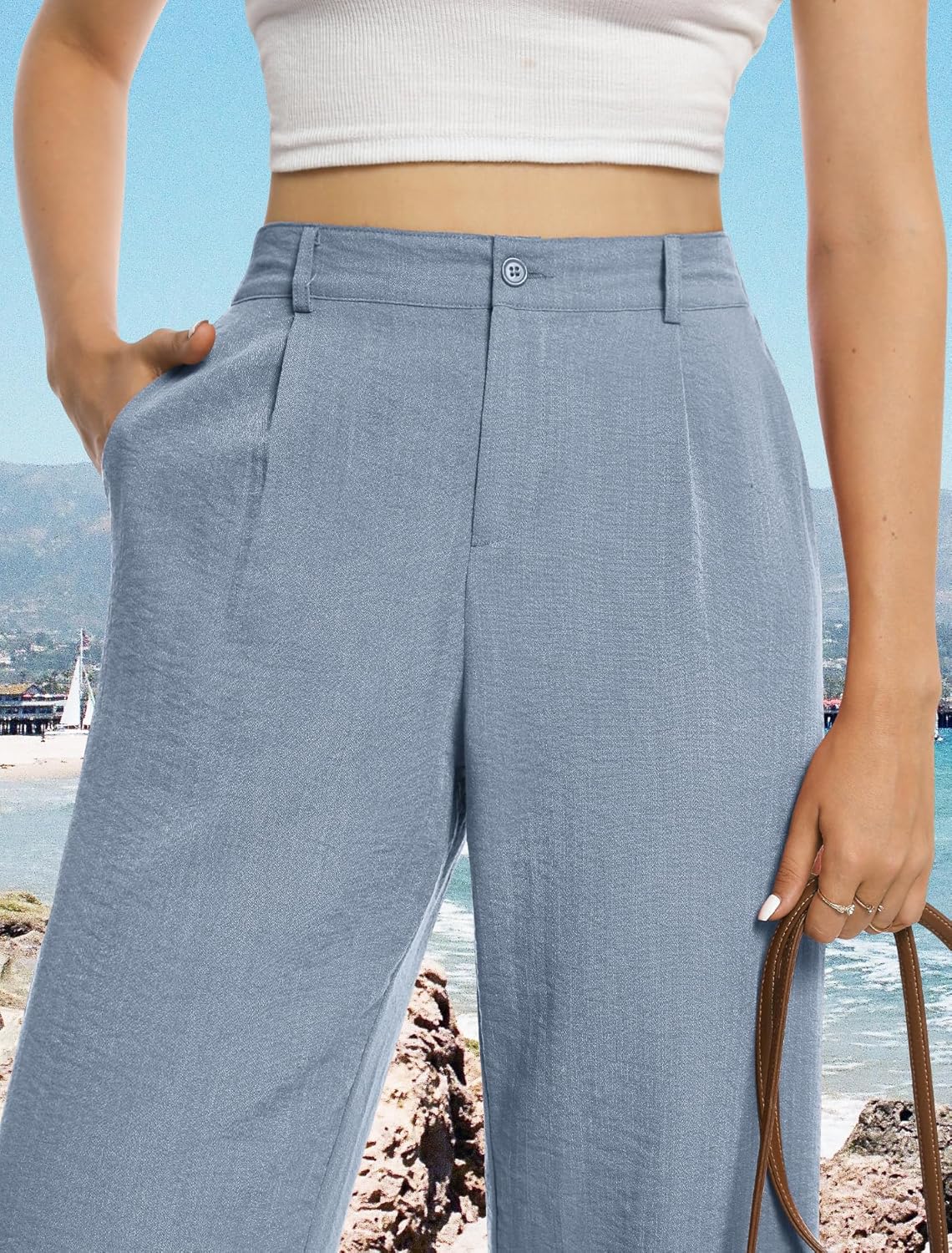 Feiersi Womens Casual Wide Leg Pants High Waisted Button Down Straight Long Trousers Palazzo Pants - Image 2