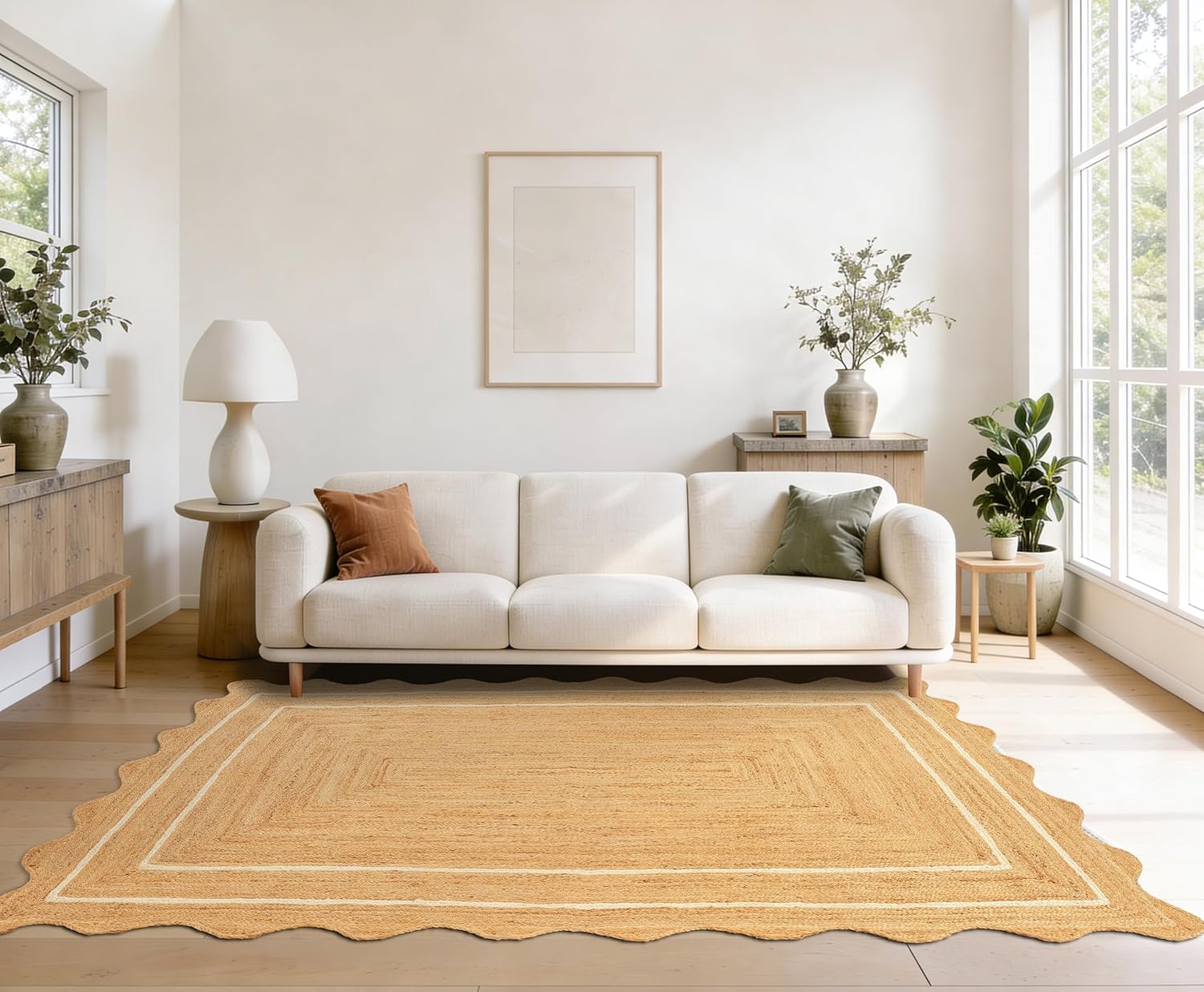 GRUHUM Jute Area Rug 5'x8' ft Wave Scalloped Natural Ivory Border Handwoven Boho Reversible Rustic Vintage Farmhouse Soft Braided EcoFriendly Rug - Indoor Livingroom Kitchen Bedroom Hallways 5x8 ft
