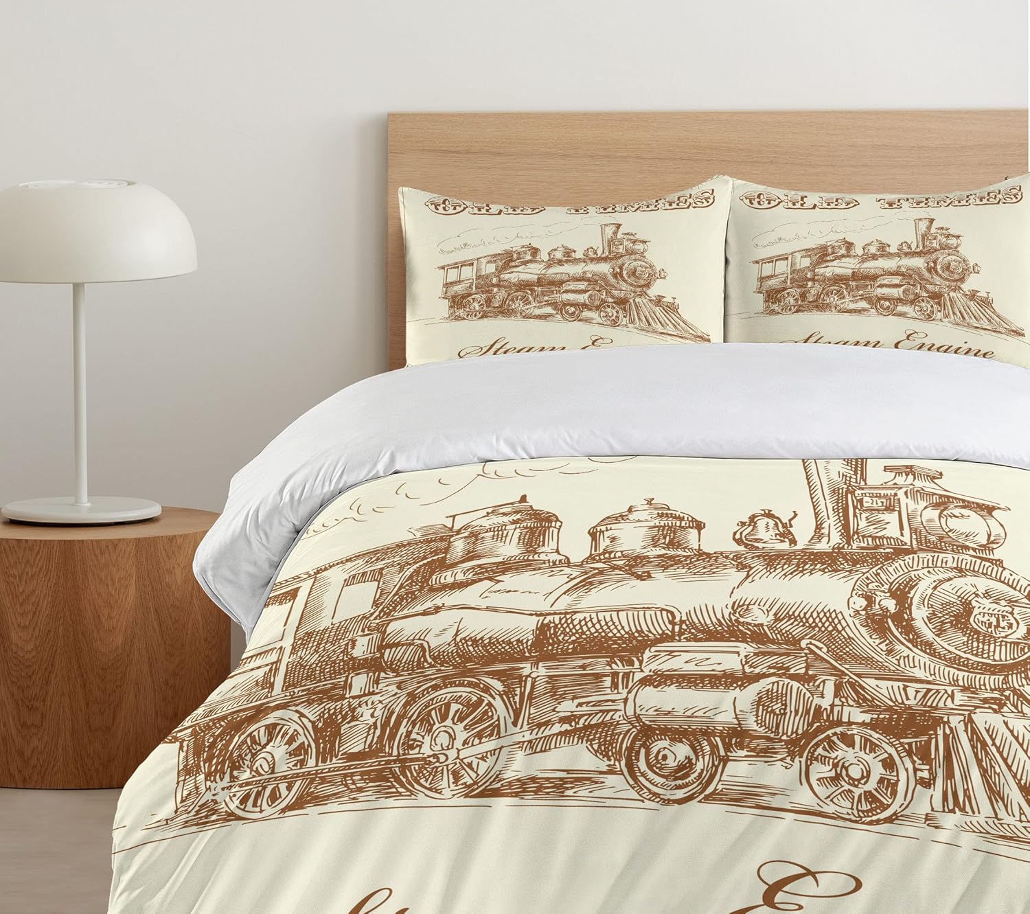 Ambesonne Steam Engine Duvet Cover Set, Old Times Train Vintage Hand Drawn Iron Industrial Era Locomotive, Decorative 2 Piece Bedding Set with 1 Pillow Sham, Twin Size, Caramel Ivory