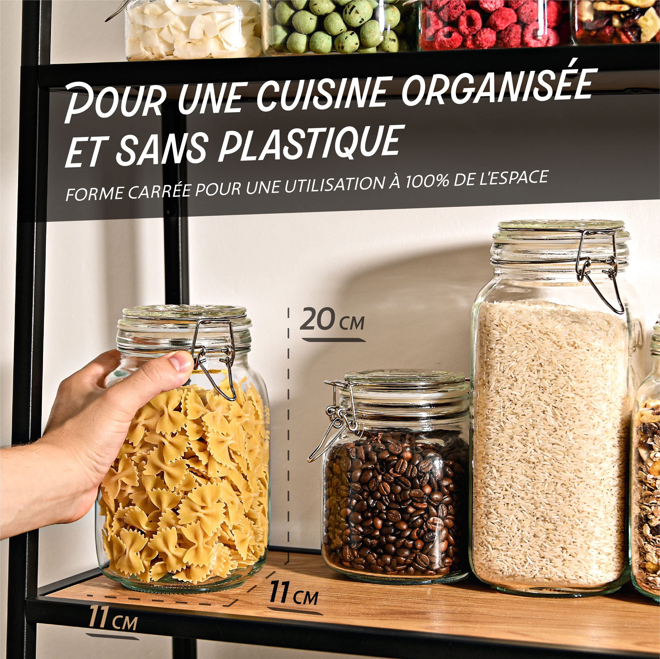 Praknu 4 Bocaux en Verre Hermétiques de 1,5l - Avec Étiquettes, Marqueur et Joints de Rechange - Gain de Place grâce à leur Forme Angulaire
