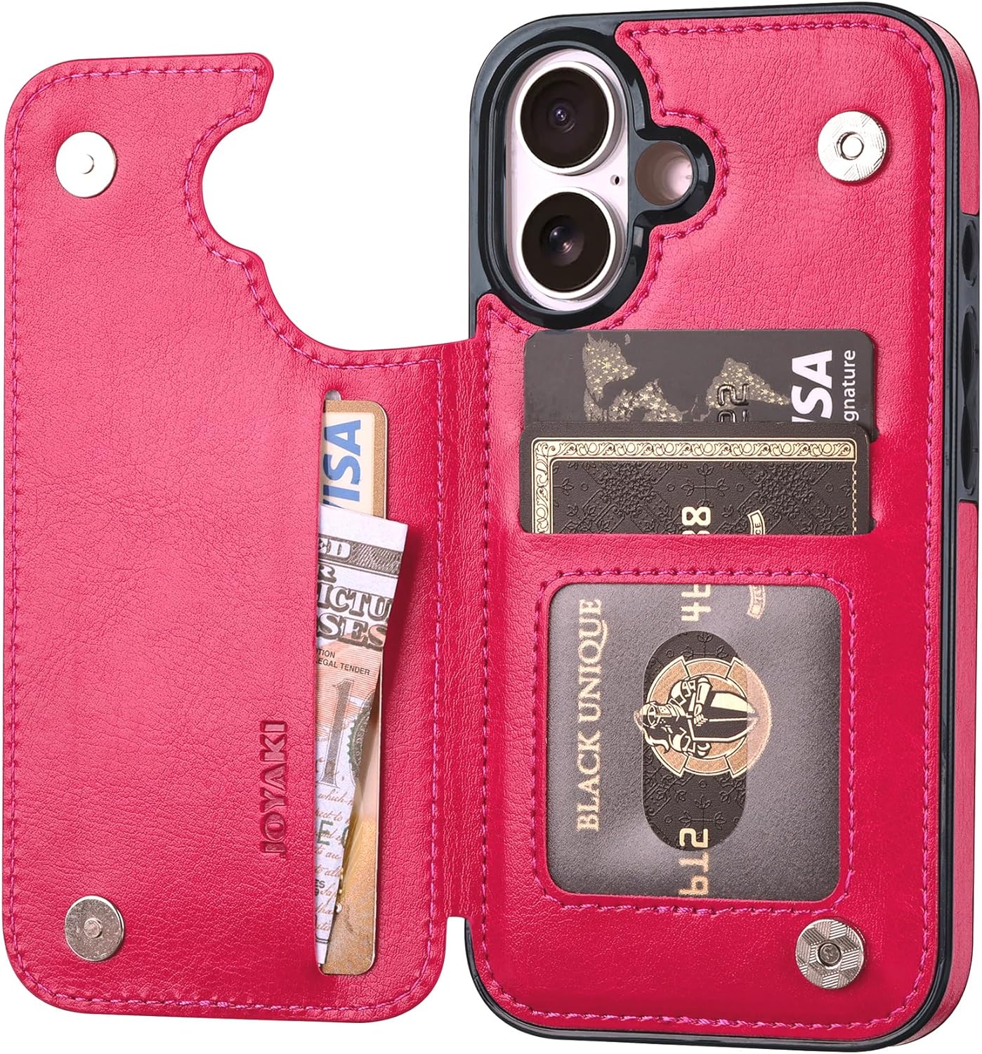 Wallet Case Compatible with iPhone 16 6.1", Slim Protective Case with Card Holder,Premium PU Leather Kickstand Card Slots Case with Double Magnetic Clasp-Rosered - Image 3