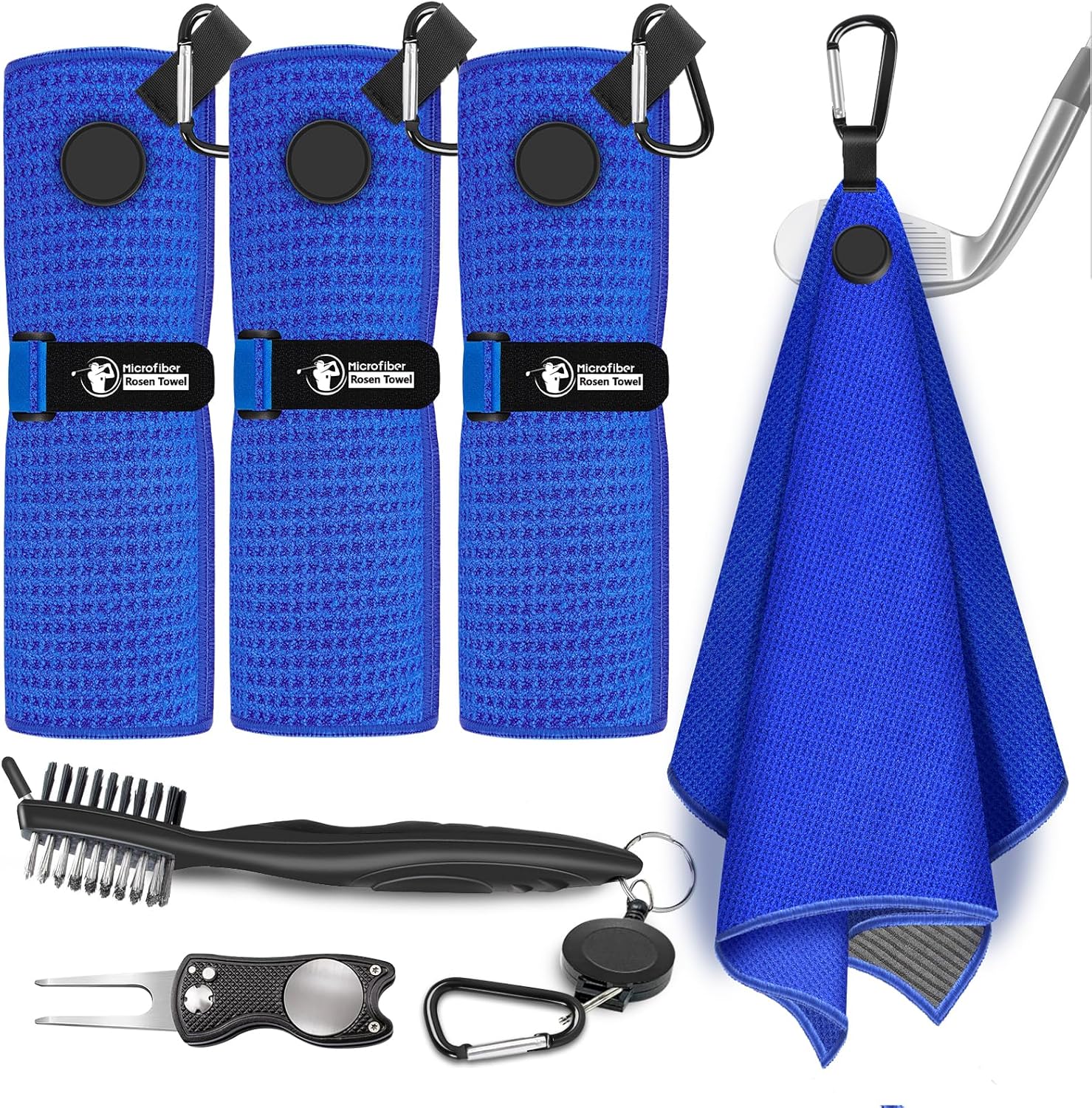 Magnetic Golf Towel, 3 PCS Microfiber Golf Towels with Brush and Divot Tool for Men, Industrial Strength Magnet Accessories for Strong Hold to Golf Bags, Carts or Clubs (Black Gray Blue)