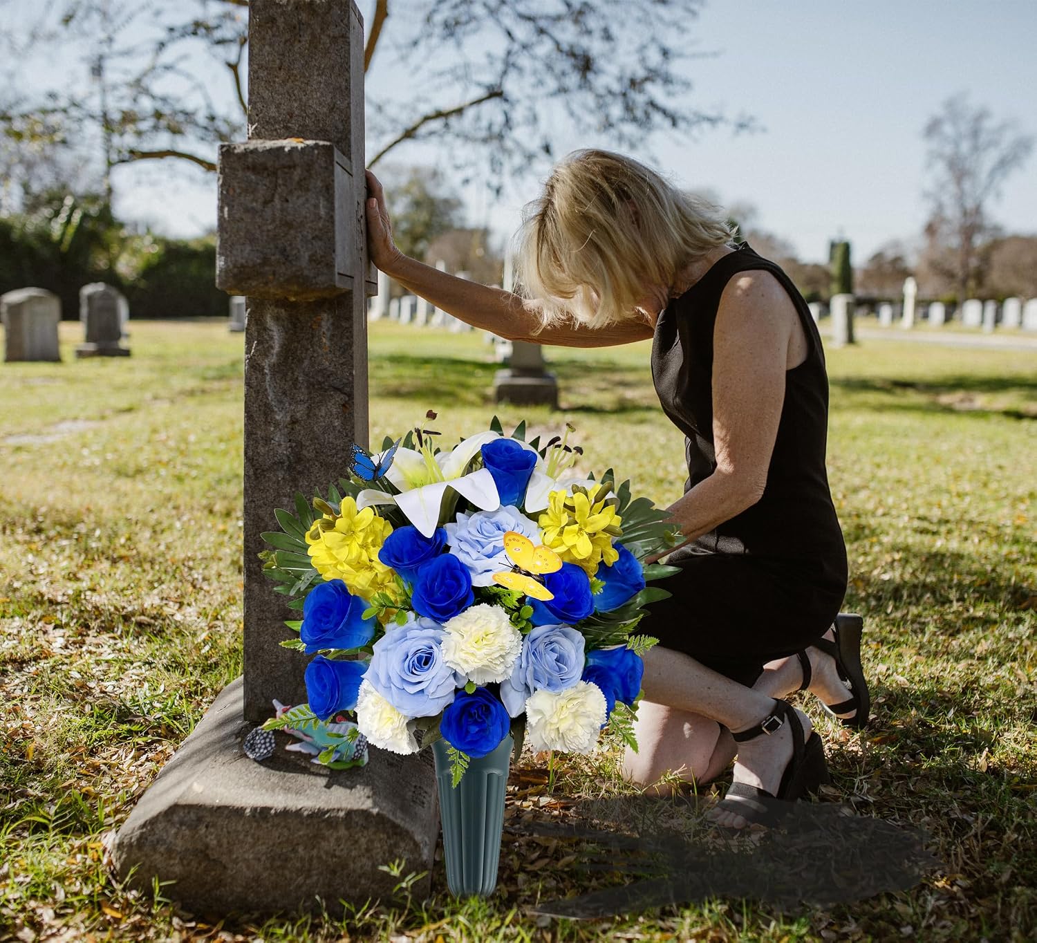 Artificial Cemetery Flowers with Vase for Grave Decoration - Headstones Memorial Flowers Bouquet- Blue Rose White Lily Carnation Yellow Hyacinth