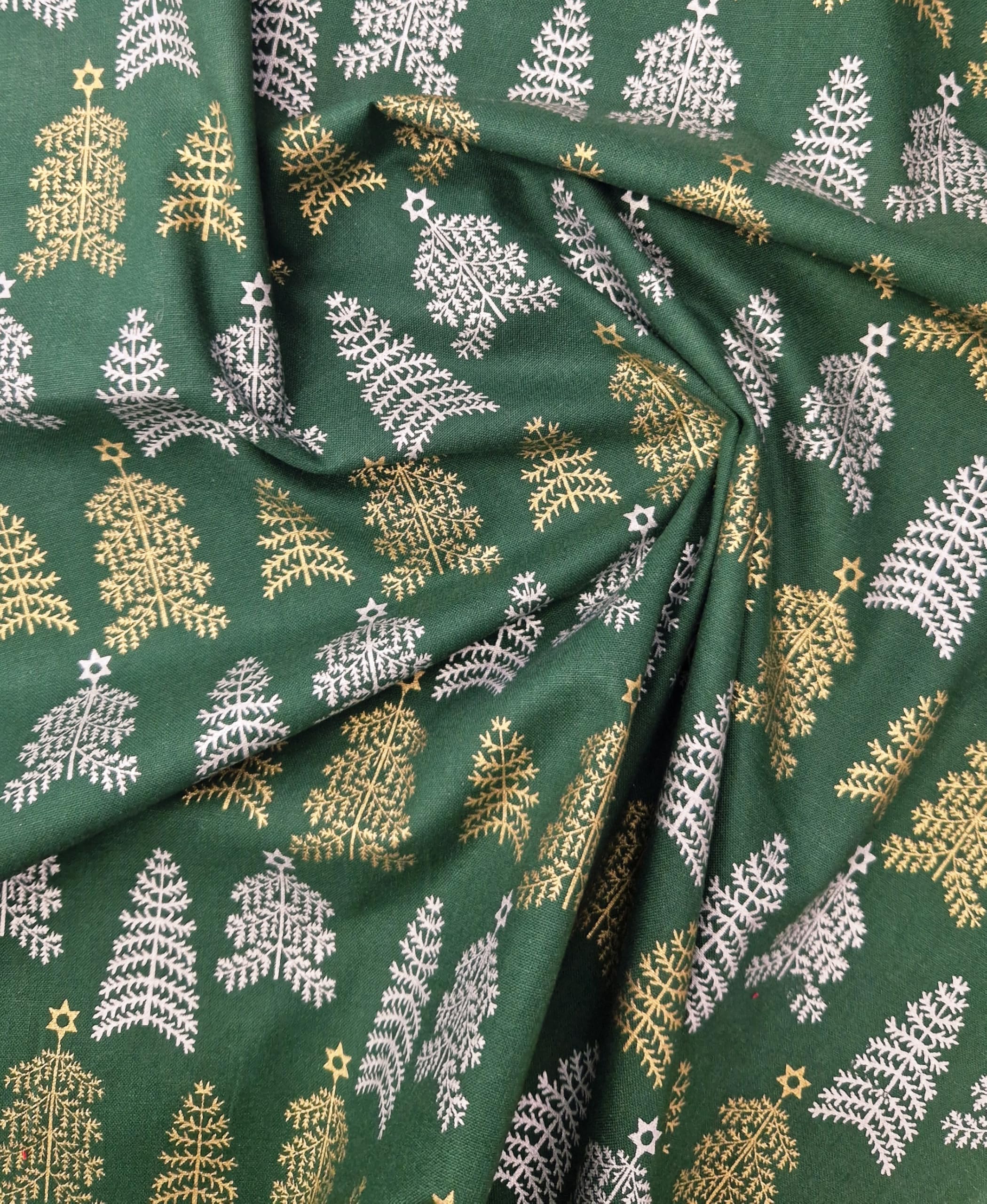 Oddies Green Christmas Fabric - Gold & Silver Glitter Trees On - Xmas Craft Fabric Material Metre