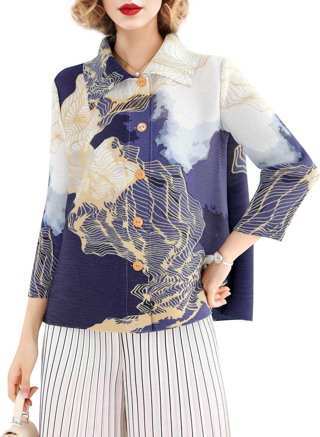 LAI MENG FIVE CATS Women's Casual Collared Neck Print Button Up Loose Blouse Elasticity Tops