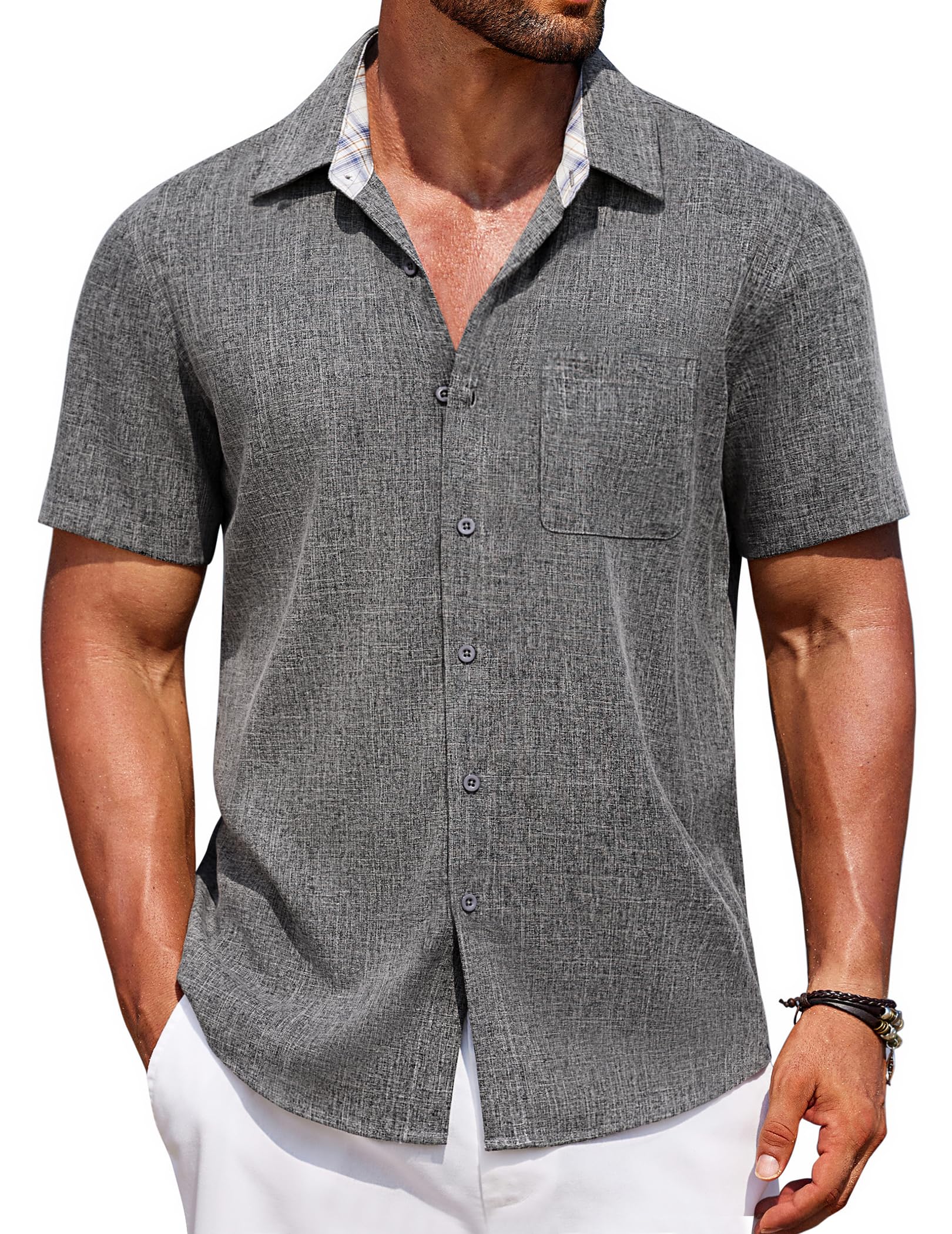 COOFANDY Herren Hemd Kurzarm Sommer Hemden Kurzes Leichtes Freizeithemd mit Brusttasche Männer Urlaub Shirts