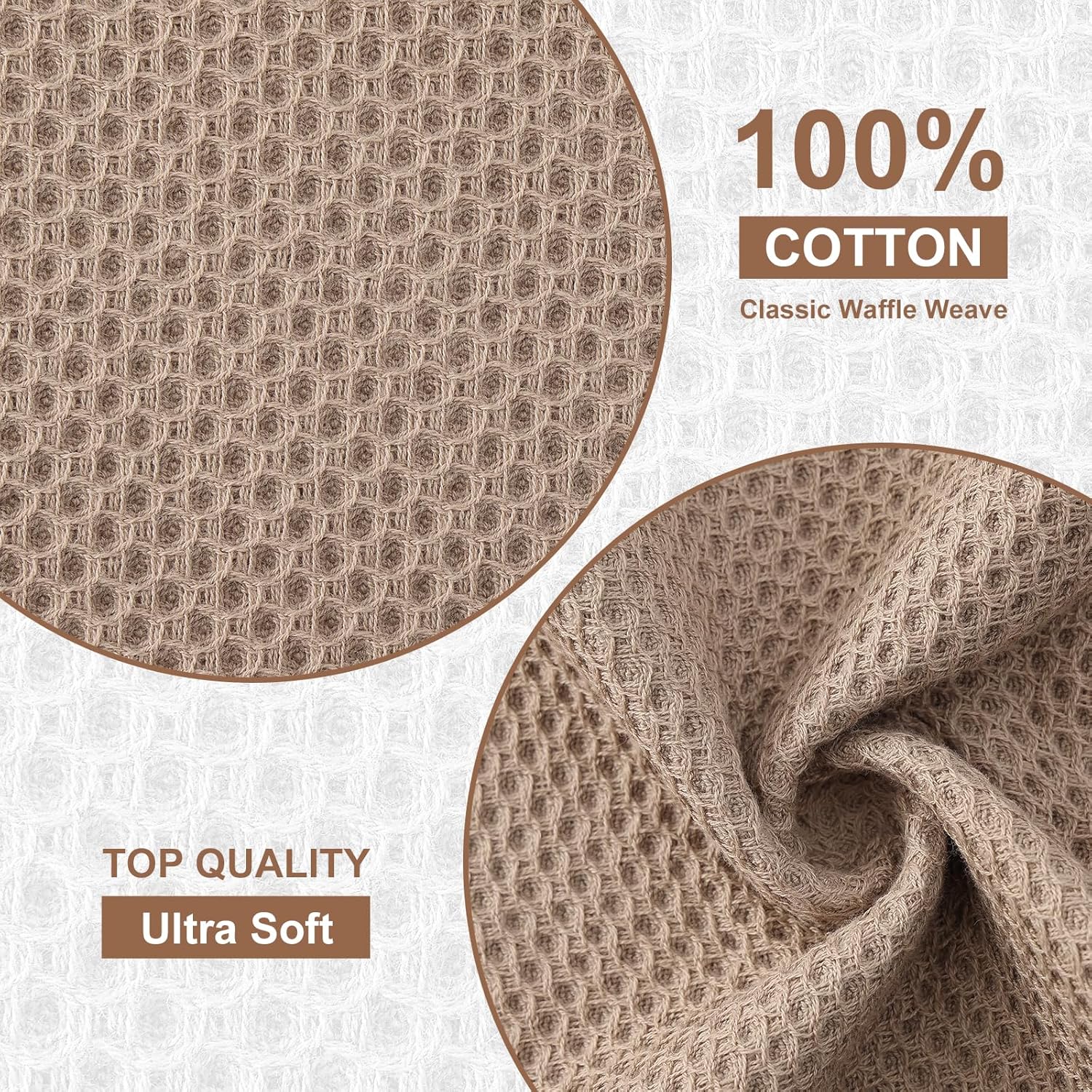 Kitinjoy 100% Cotton Kitchen Dish Cloths (12 X 12 Inches, Tan), 12 Pack Waffle Weave Ultra Soft Absorbent Dish Towels for Drying Dishes Quick Drying Kitchen Towels Dish Rags