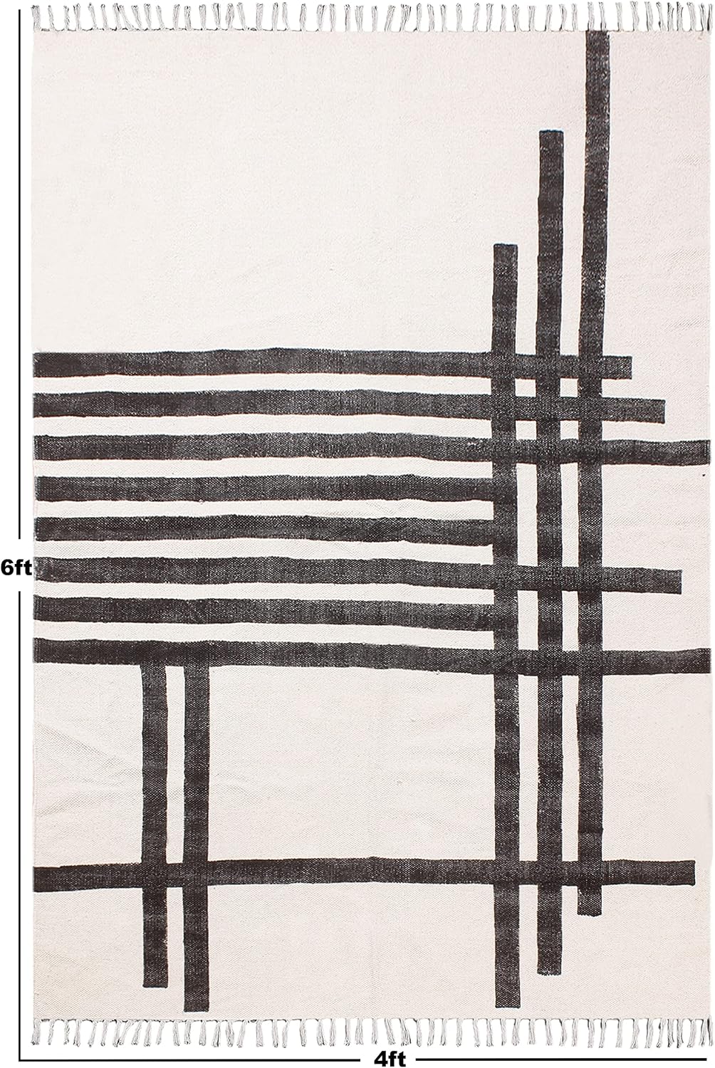 Hand Block Printed Striped Cotton Dhurrie Flat Weave Bohemian Kilim Beige Black Outdoor Garden Yoga Rugs Custom Size Square & Runner Rug for Entryway Hallway 300x300 cm (10x10 Feet Square)