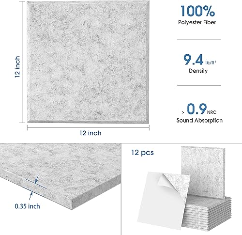 Miniatura 6 de Paquete de 12 paneles acústicos insonorizados de 12 x 12 x 0.5 pulgadas, acolchados a prueba de sonido para paneles acústicos de pared, paneles de
