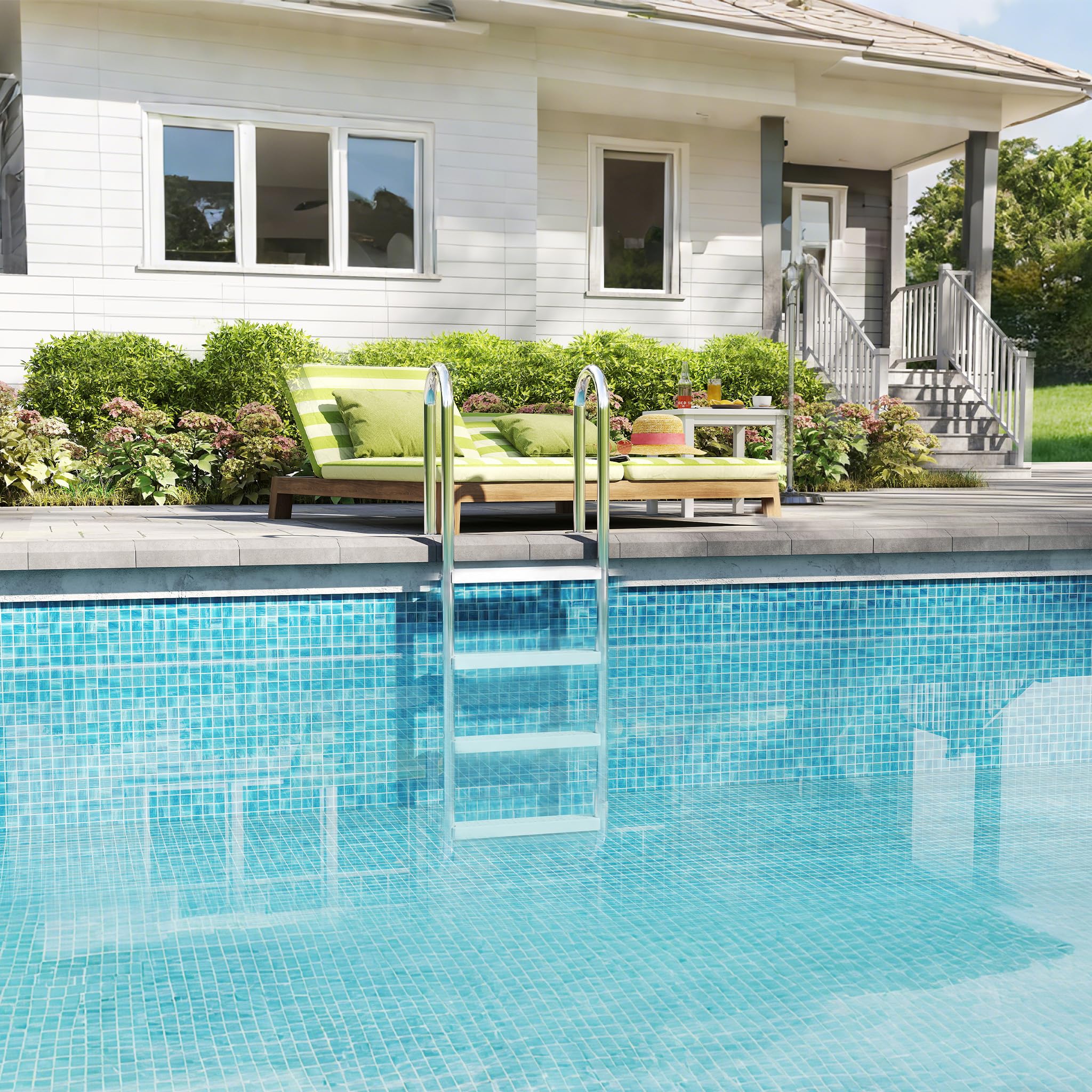 UISEBRT 304 - Scala per piscina in acciaio inossidabile con 4 gradini | 157 x 54 x 26,5 cm - Argento | Scala da piscina con antiscivolo | Scala per l'ingresso a piscina e vasca | Resistente fino a 150