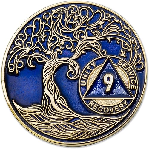 Miniatura 99 de Medallón/Ficha/Ficha de Recuperación AA Sobriety Mint de 2 Años, Árbol de la Vida Retorcido, Dorado - Negro