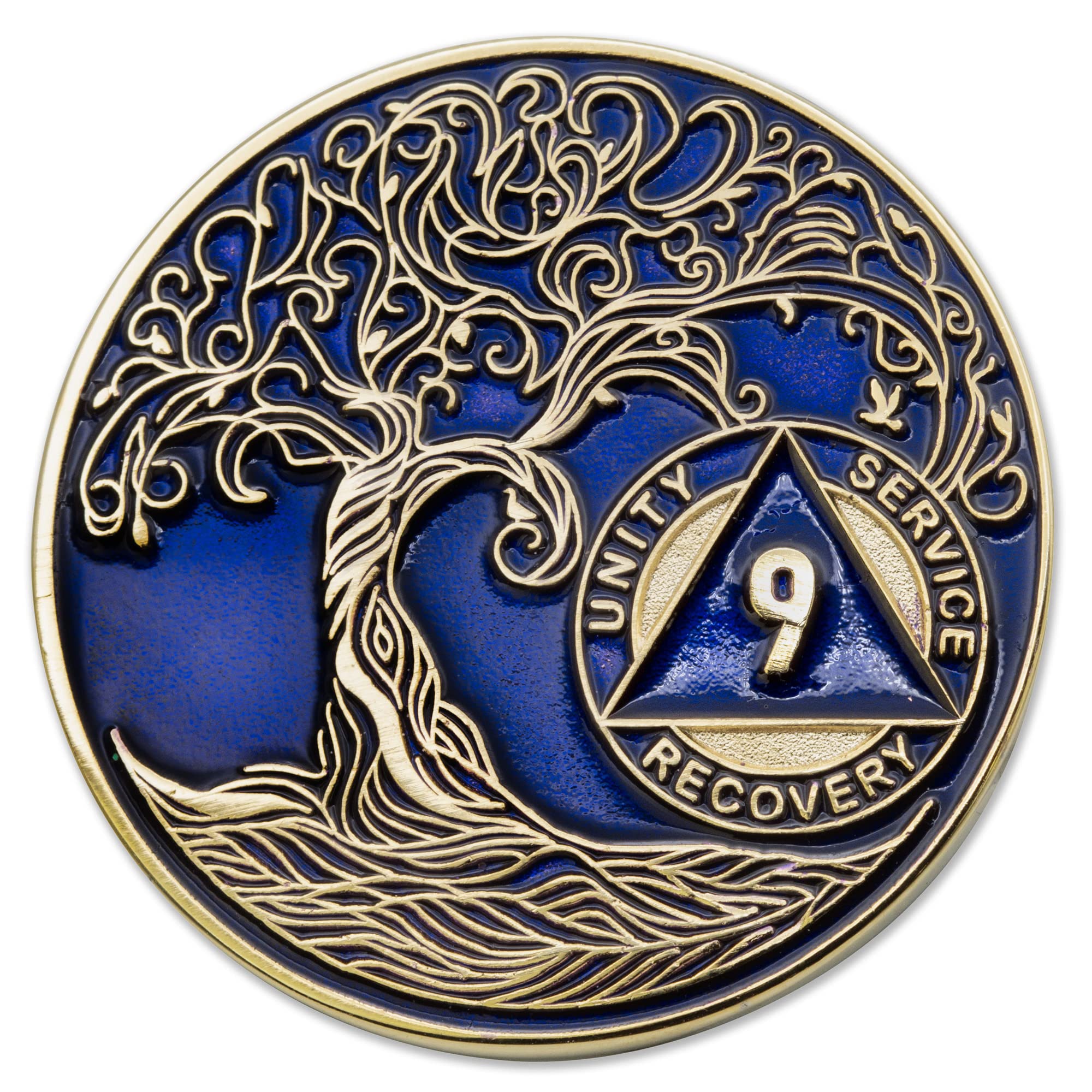 1 to 50 Year Twisted Tree of Life Sobriety Coin - Gold Plated AA Chips &amp; Medallions - 9 Year Sobriety Coin - Translucent Blue
