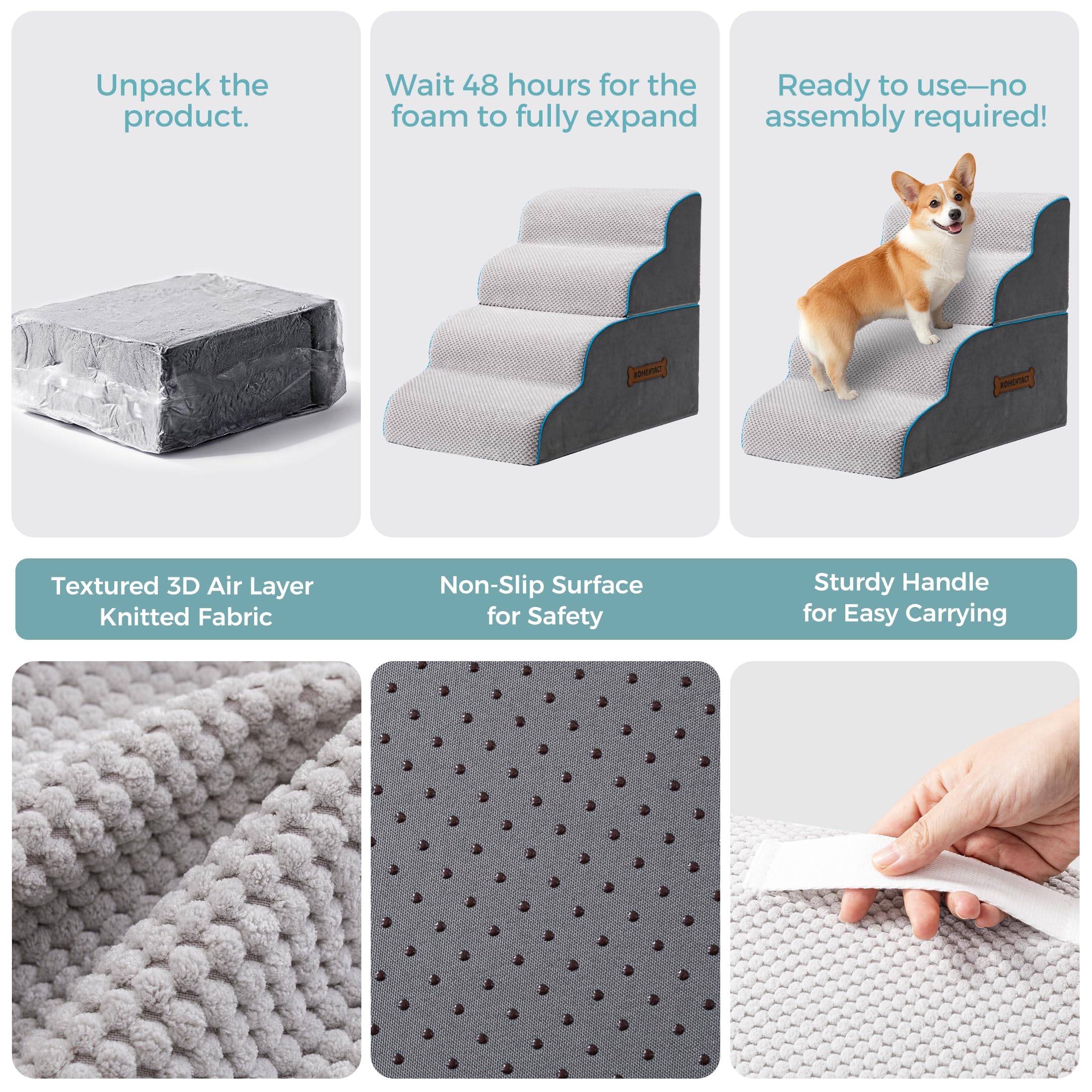 Scaletta per Cani e Rampa per Letto Alto e Divano, 33-61 cm Scala Rimovibile per Cani Piccoli e Medi, Schiuma 40D Robusta, Antiscivolo, Rivestimento Lavabile con Rullo Levapelucchi, Grigio