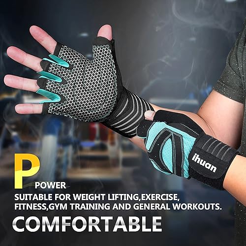 Miniatura 3 de ihuan - Guantes de entrenamiento con ventilación para hombres y mujeres, protección completa de la palma de la mano para levantamiento de pesas,