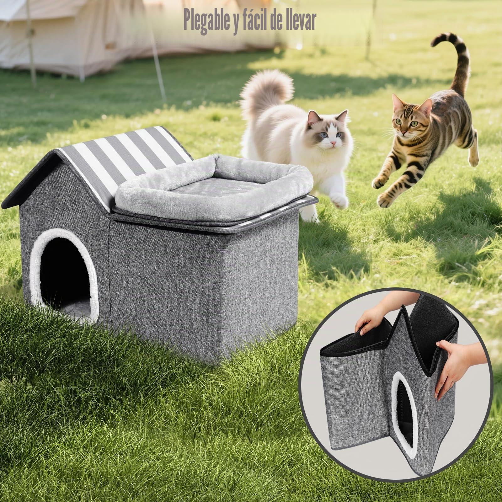 Zvonema Casa para gatos, 2 pisos, cueva de fieltro, protección de las uñas de los gatos, estable casa para gatos interior con cojín suave y lavable, cama plegable para mascotas pequeñas y medianas, 57