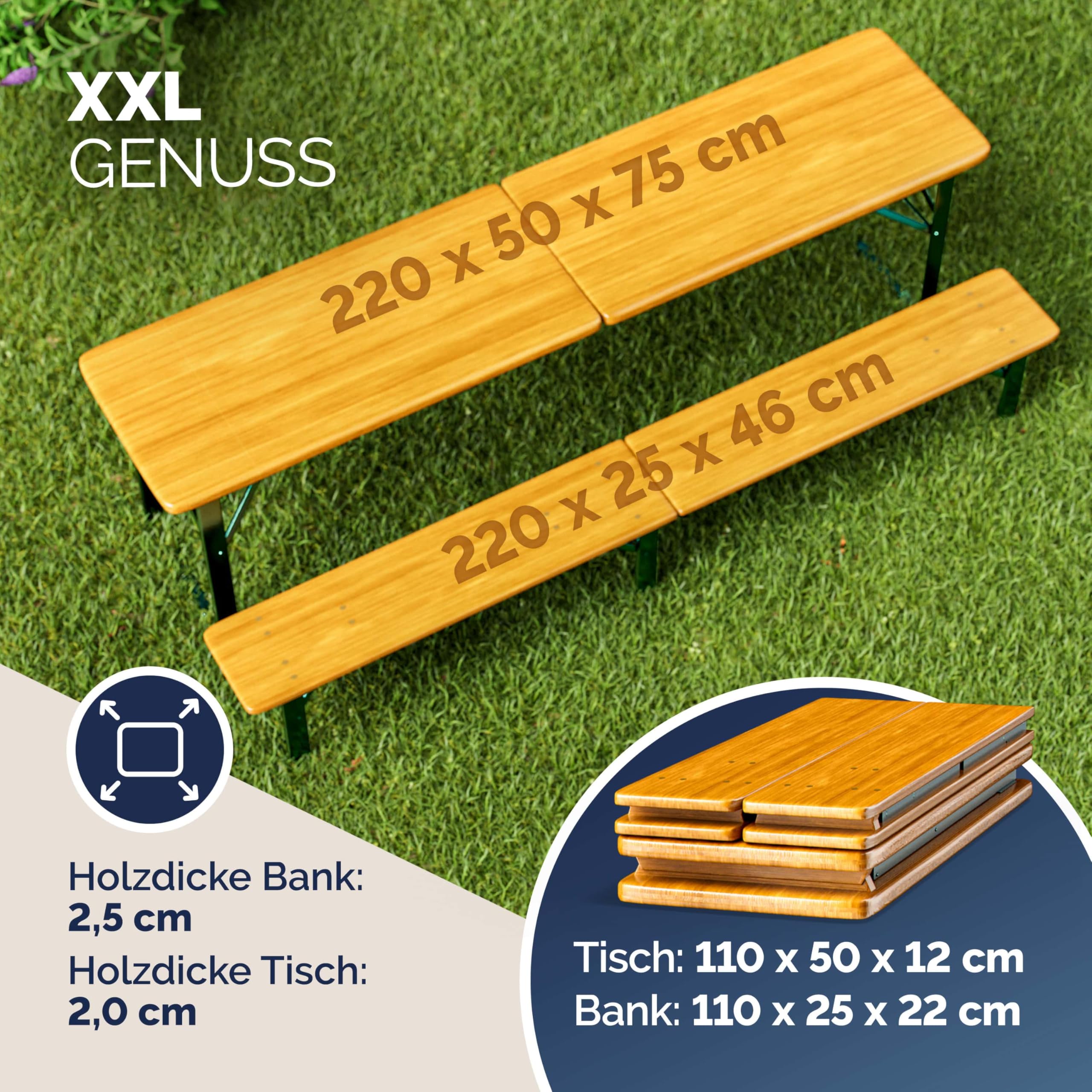 CASARIA 2er Set Bierzeltgarnitur 220cm 10 Personen hohe Belastbarkeit Massiv Holz klappbar Festzeltgarnitur 2 Bierbänke Biertisch Partytisch Garten