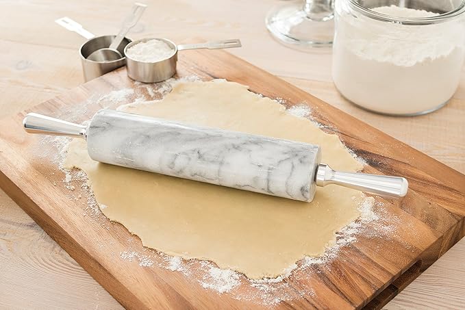 Fox Run Polished Marble Rolling Pin with Wooden Cradle, 10-Inch Barrel, White