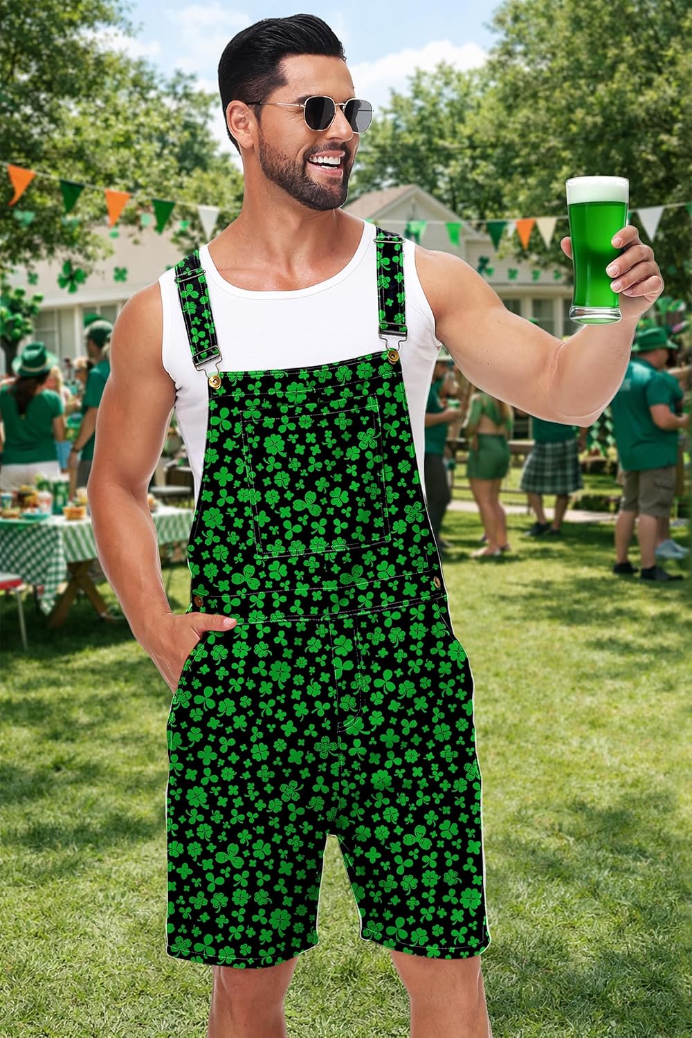 AOBUTE Unisex Mardi Gras Denim Bibs Overalls Men Carnival Printed Shorts Rompers Jumpsuit - Image 3