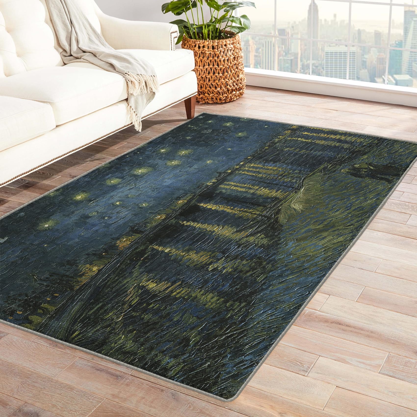 ZDABAOEC Impressionist Art Rug, 5x7 Rug, Starry Night Over The Rhone Area Rugs for Bedroom Living Room, Famous Paintings Patterned Large Rug, Washable