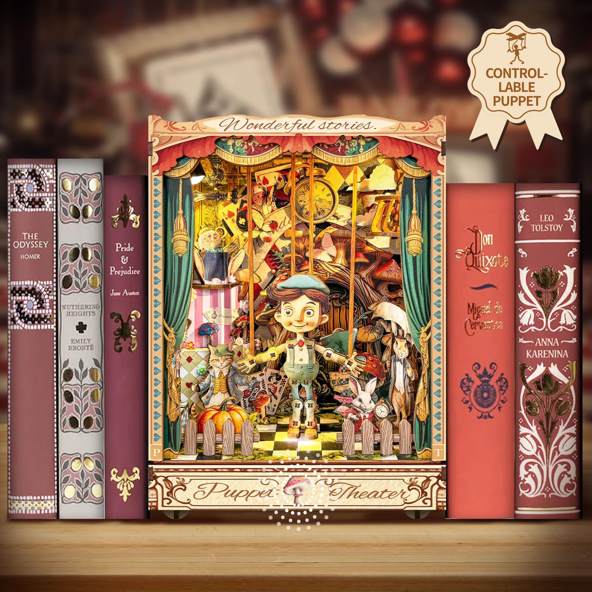 Erwachsenen Book Nook Kit, DIY Mini Puppenhaus Bücherecke Kit mit LED-Licht und Staubschutz, Erwachsene 3D Holz Bücherregal Puzzle Bücherecke Einfüge Dekoratives Handwerk - Puppentheater (SQ