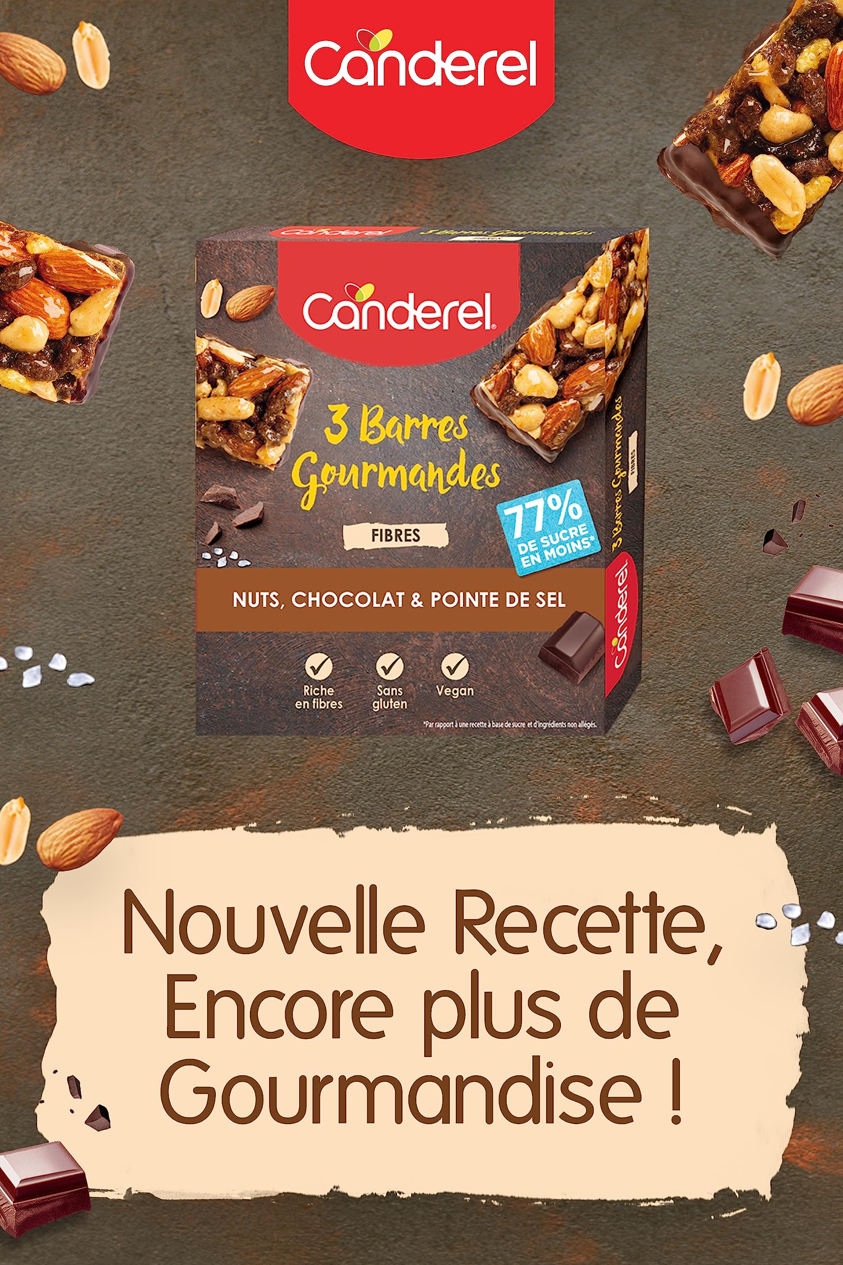 Canderel - Barres Gourmandes Nuts, Chocolat & Pointe de Sel - Riche en fibres - Sans sucré ajouté | 3 x 35g