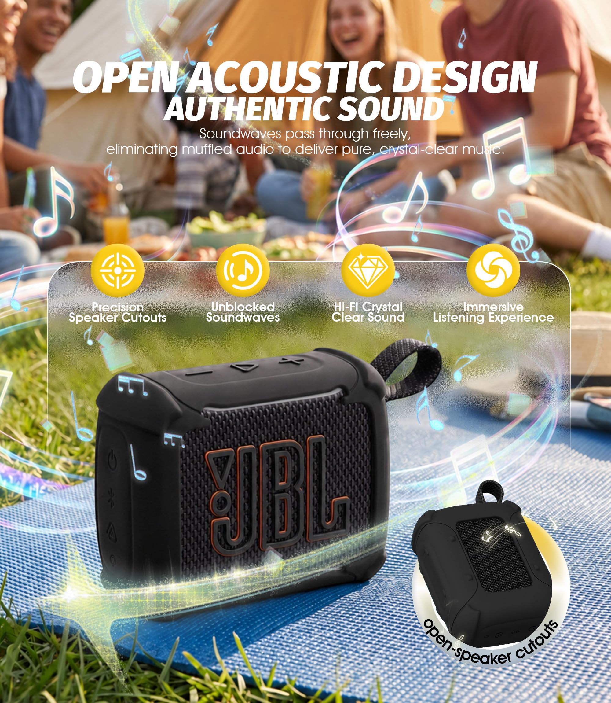 NEWZEROL Silikon Schutzhülle Kompatibel mit JBL Go 5 Bluetooth Lautsprecher, 4-Ecken Stoßfest mit Karabiner und Lanyard Staubstopfen, Leicht, Anti-Drop Schwarz