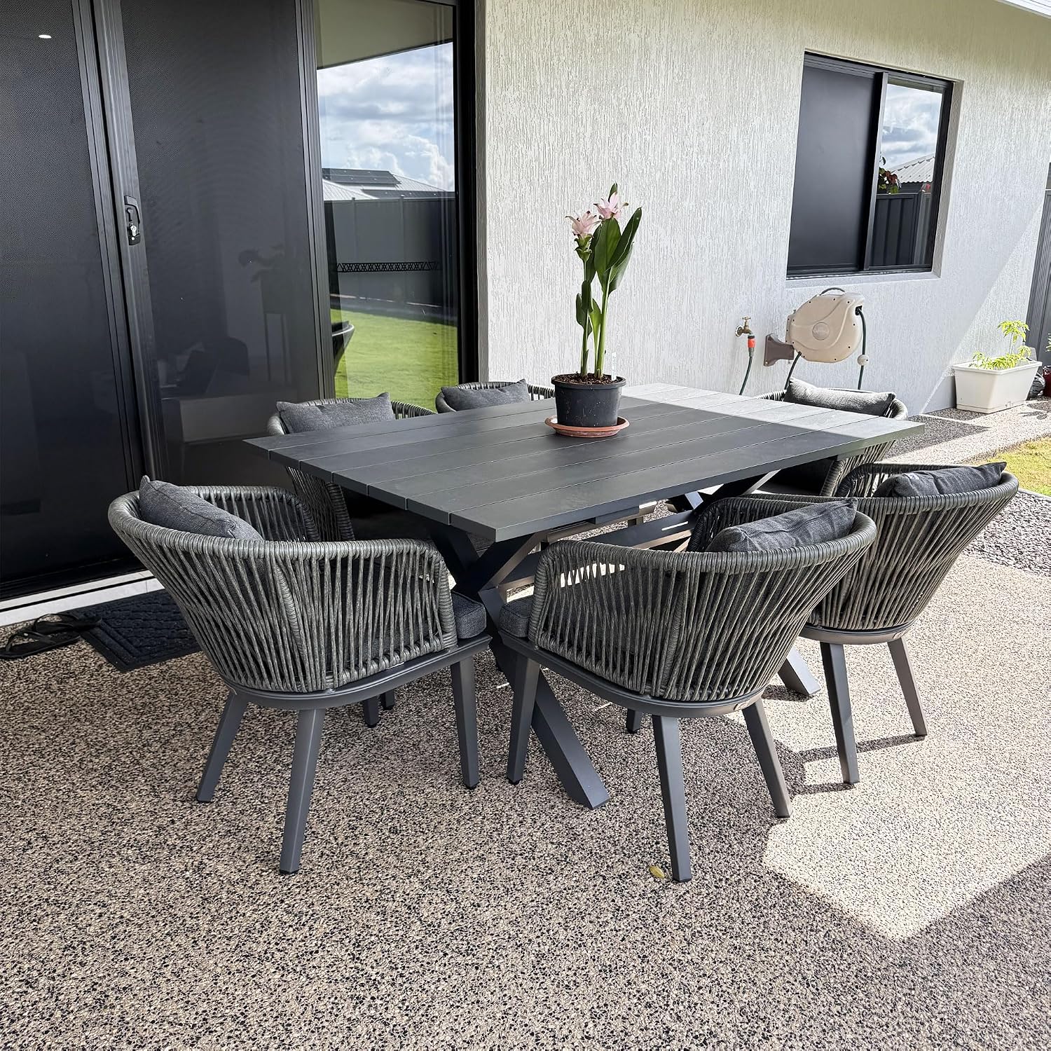 PURPLE LEAF 7 Pieces Patio Dining Set Wicker Outdoor Furniture Rectangular Table and Chairs Set for Garden Deck Aluminum Frame Backyard Kitchen Set, Cushions and Pillows Included Grey