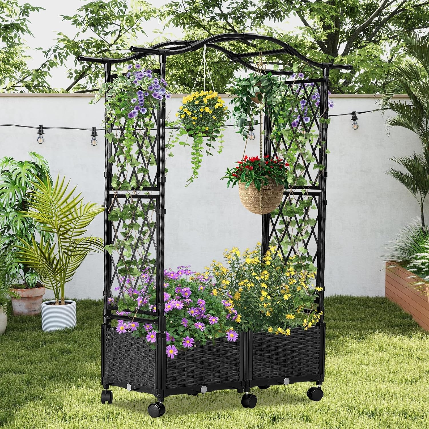 Planter Box with Trellis Outdoor, Plastic Raised Garden Bed Trellis Planter Box with Wheels and Drainage Hole for Patio Balcony Backyard Indoor Flower Vegetable Tomato, Black