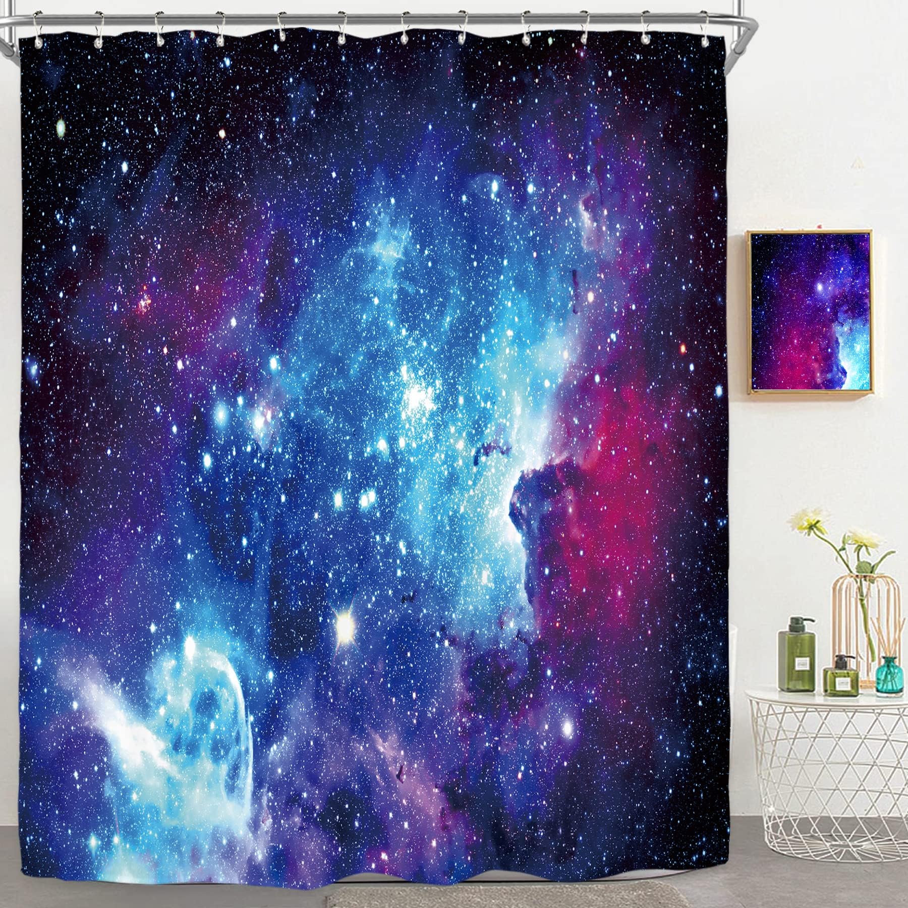 Riyidecor Galaxy Cool Outer Space Shower Curtain for Bathroom Decor 72Wx72H Nebula Universe Blue Starry Planets Magical Mysterious Fantasy Art Printed Fabric Polyester Waterproof 12 Pack Plastic Hooks