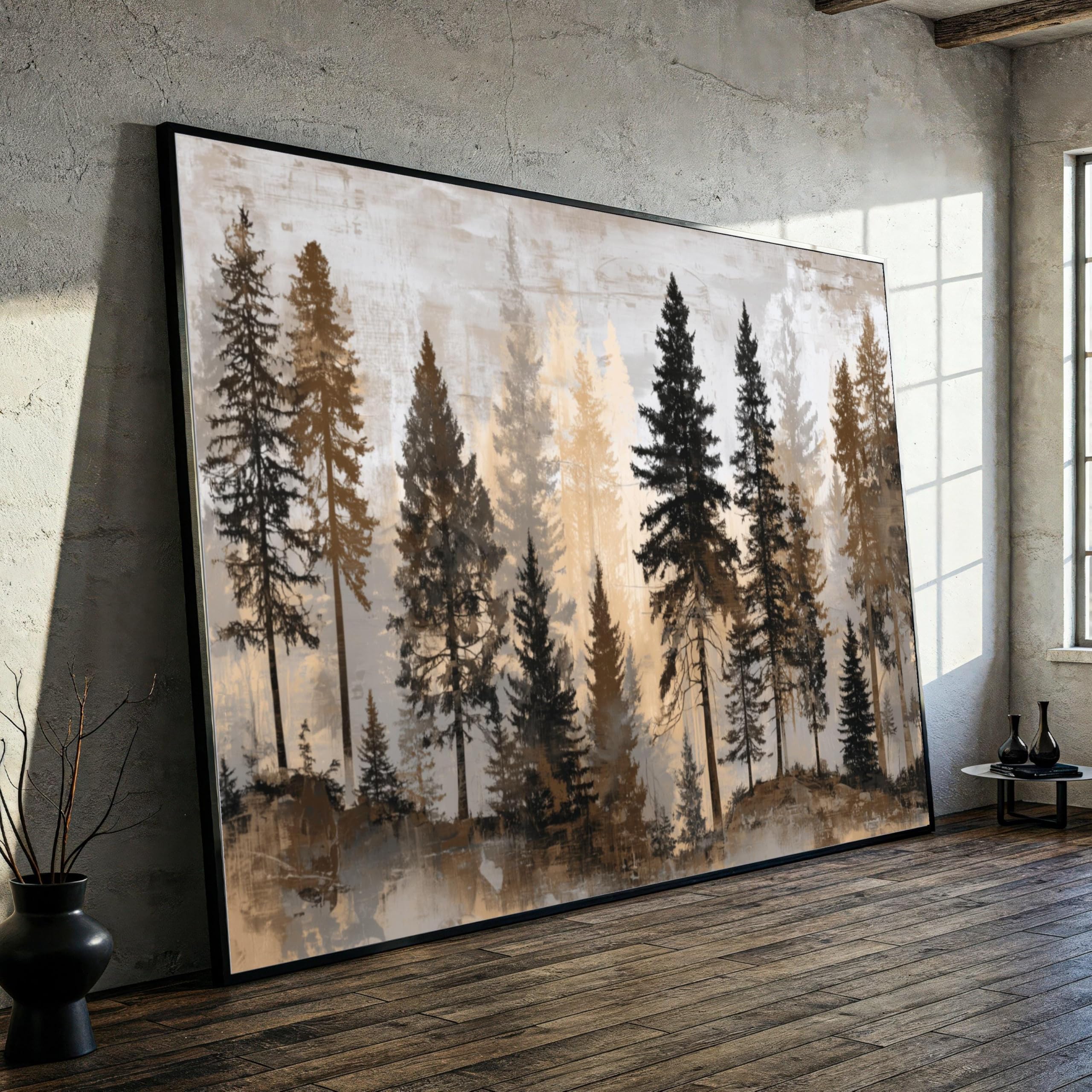 XBTYKPB Misty Pine Forest Canvas Wall Art, Woodland Landscape Painting, Nature Silhouette Decor, Earth Tone Tree Canvas Home Art(80x110cm/Frameless)