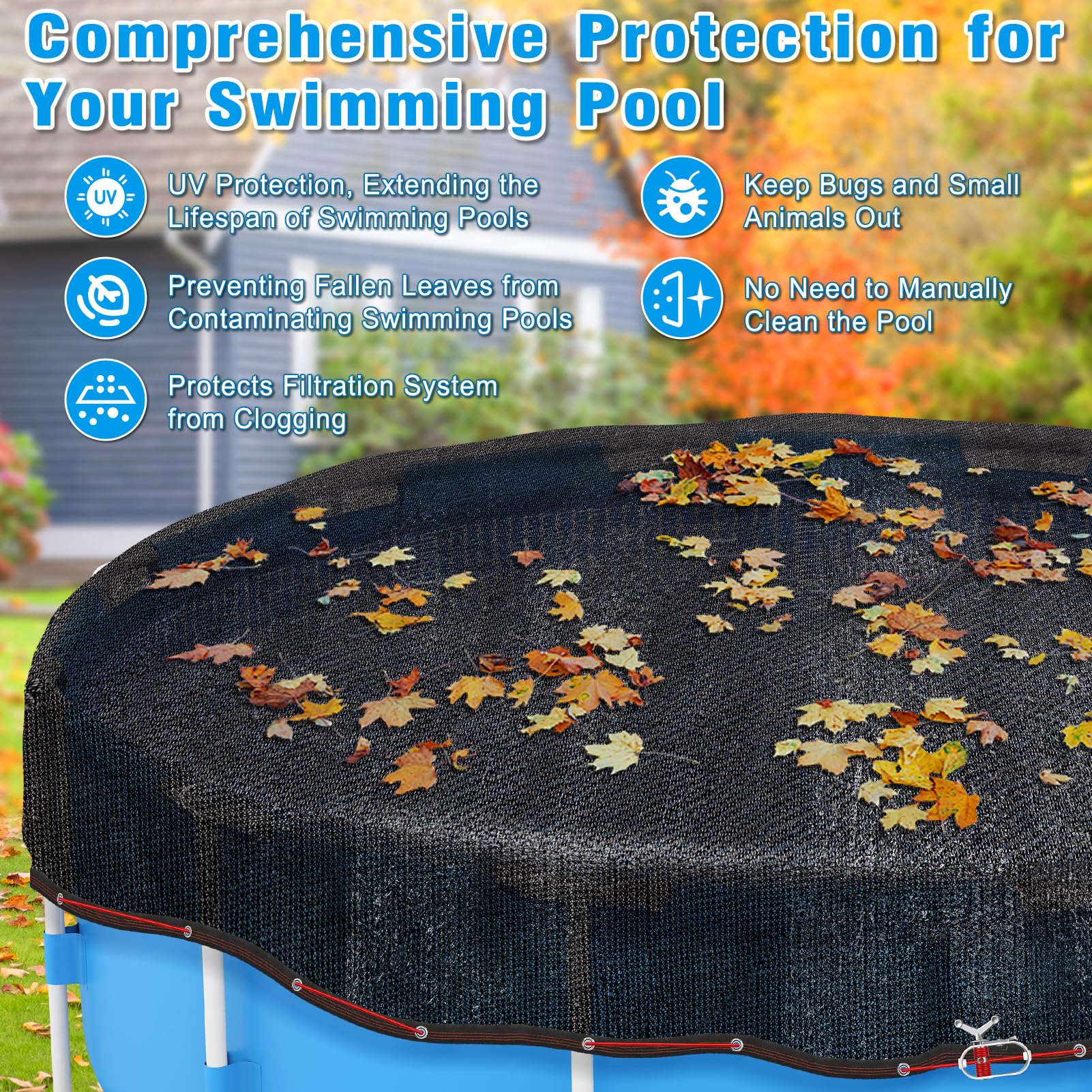 Bâche ronde de 7,6 m pour piscine hors sol, bâche de sécurité noire durable en maille avec treuil, câble avec treuil et câble pour feuilles et débris pour piscines rondes de 7,3 m