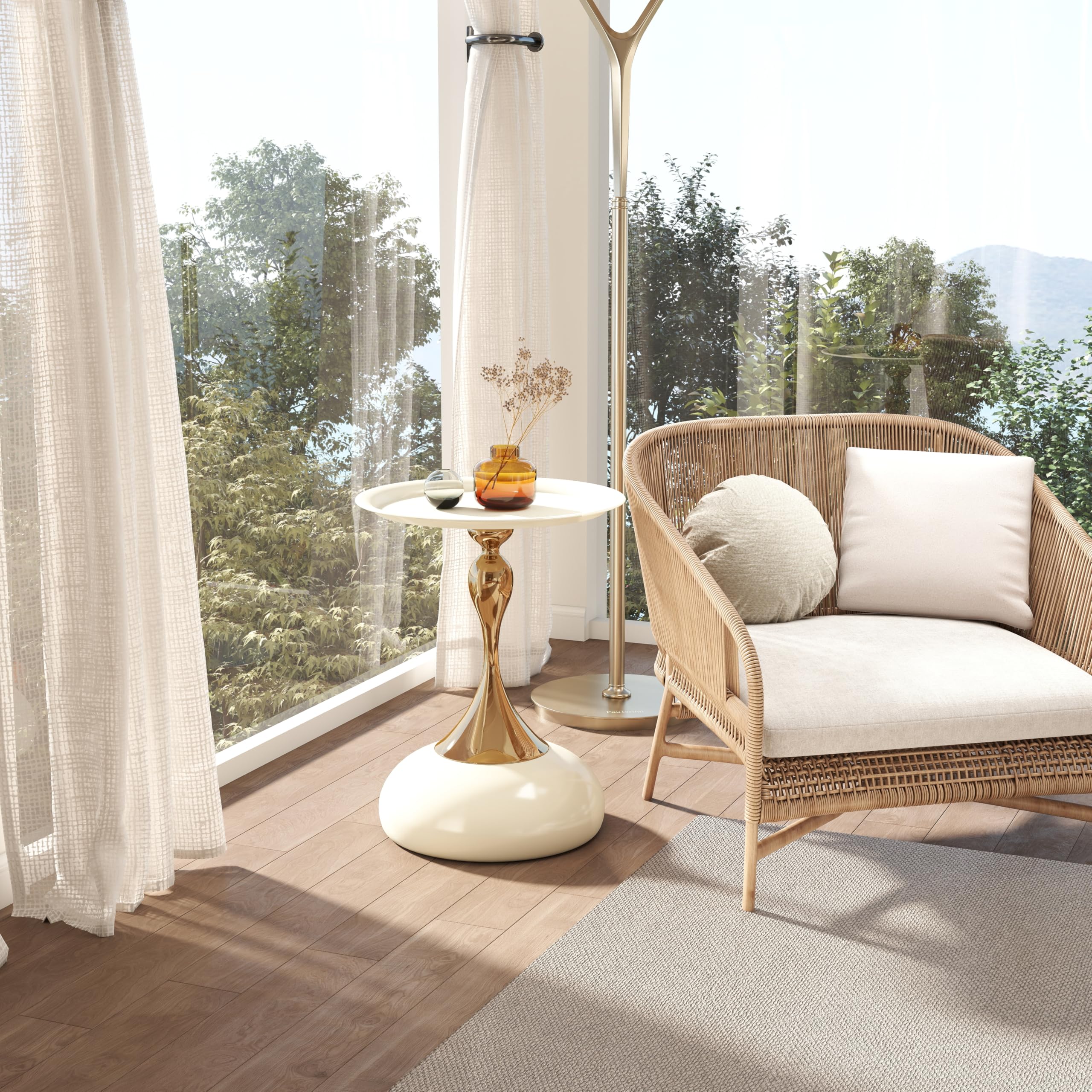 Tavolino Piccolo da Salotto, Tavolo da Salotto Moderno di Lusso, Tavolino da Esterno Basso per Soggiorno, Camera da Letto, Balcone, Ø40cm Beige+Oro (1 Pezzo)