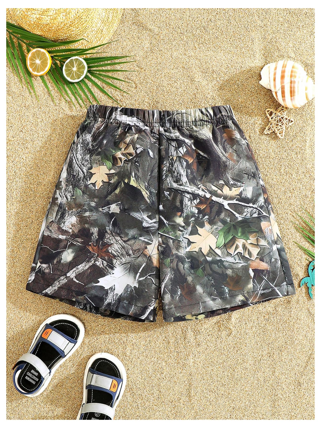 RoseSeek Boy's Camo Swim Trunks Elastic Waist Wide Leg Baggy Bathing Suits Shorts Beachwear Green 9Y