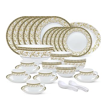 Royale Kohinoor Series Opalware Dinner Set | 45 Pcs for Family of 6 | Microwave & Dishwasher Safe | Bone-Ash Free | Crockery Set for Dining & Gifting | Plates & Bowls | White