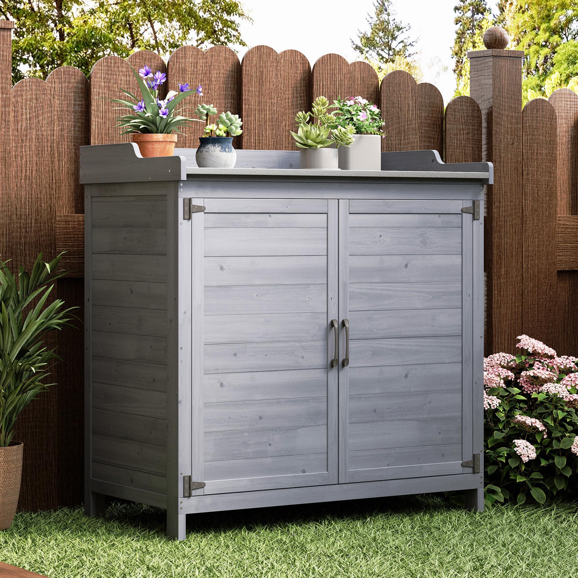 Pflanztisch mit Unterschrank, Gartenschrank mit verzinkter Arbeitsplatte & 2 höhenverstellbaren Einlegeböden, Balkonschrank für Garten, Balkon, Terrasse, 98x48x95cm (Grau)