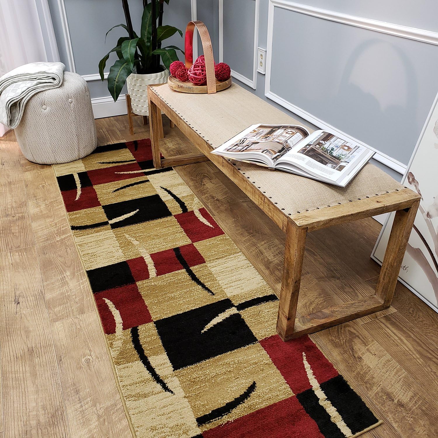 Maxy Home Everyday Use Modern Small Runner Rug, 2' x 7' (23 inch x 83 inch), Soft Touch, Lightweight, Contemporary Blocks